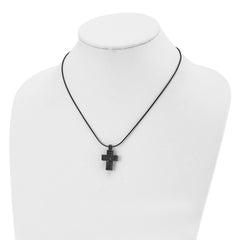 Stainless Steel Polished Black IP Black Crystal Cross w/2in ext Necklace