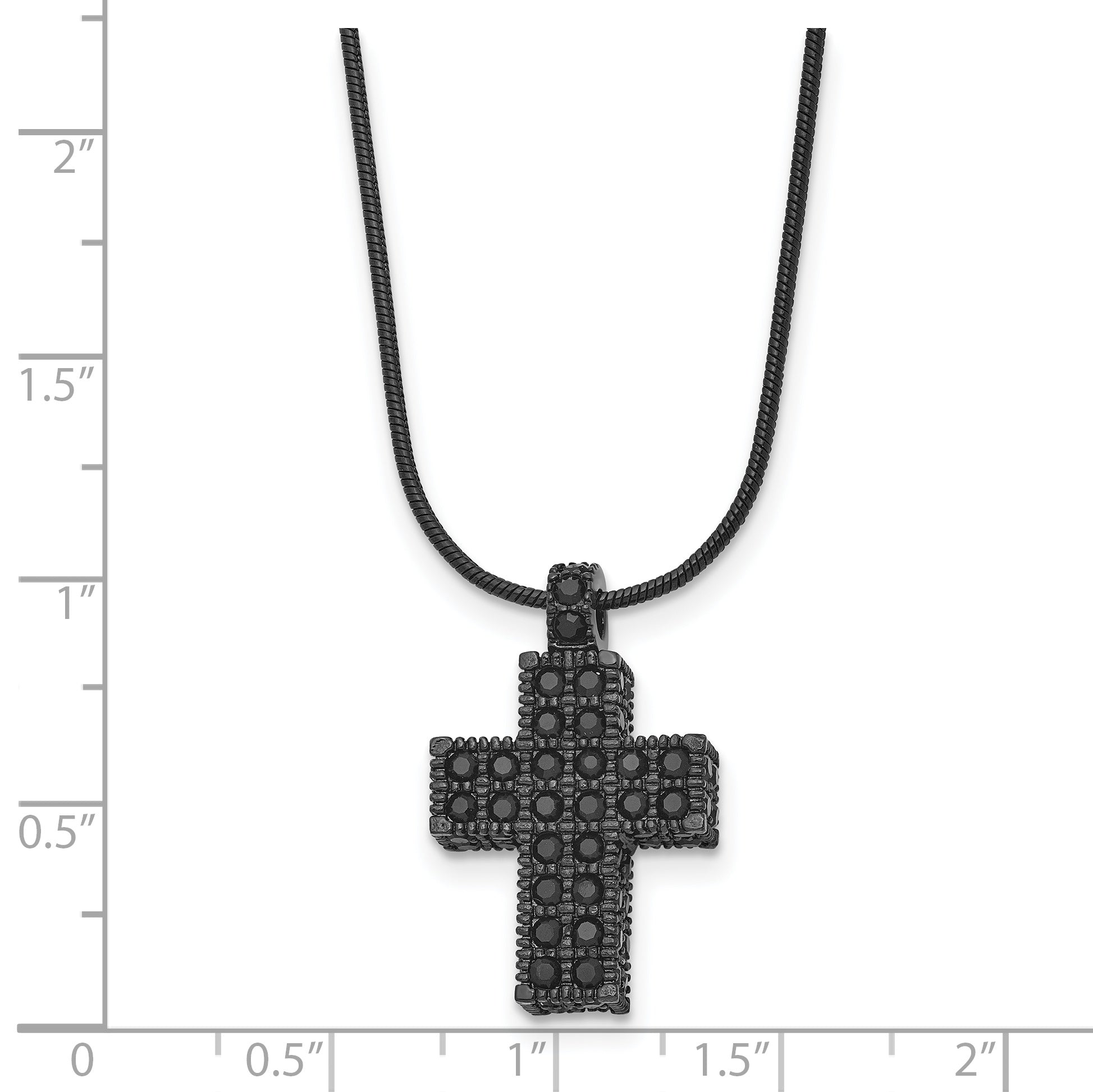 Stainless Steel Polished Black IP Black Crystal Cross w/2in ext Necklace