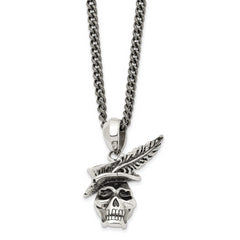 Chisel Stainless Steel Antiqued and Polished Skull with Feather Hat Pendant on a 22 inch Curb Chain Necklace