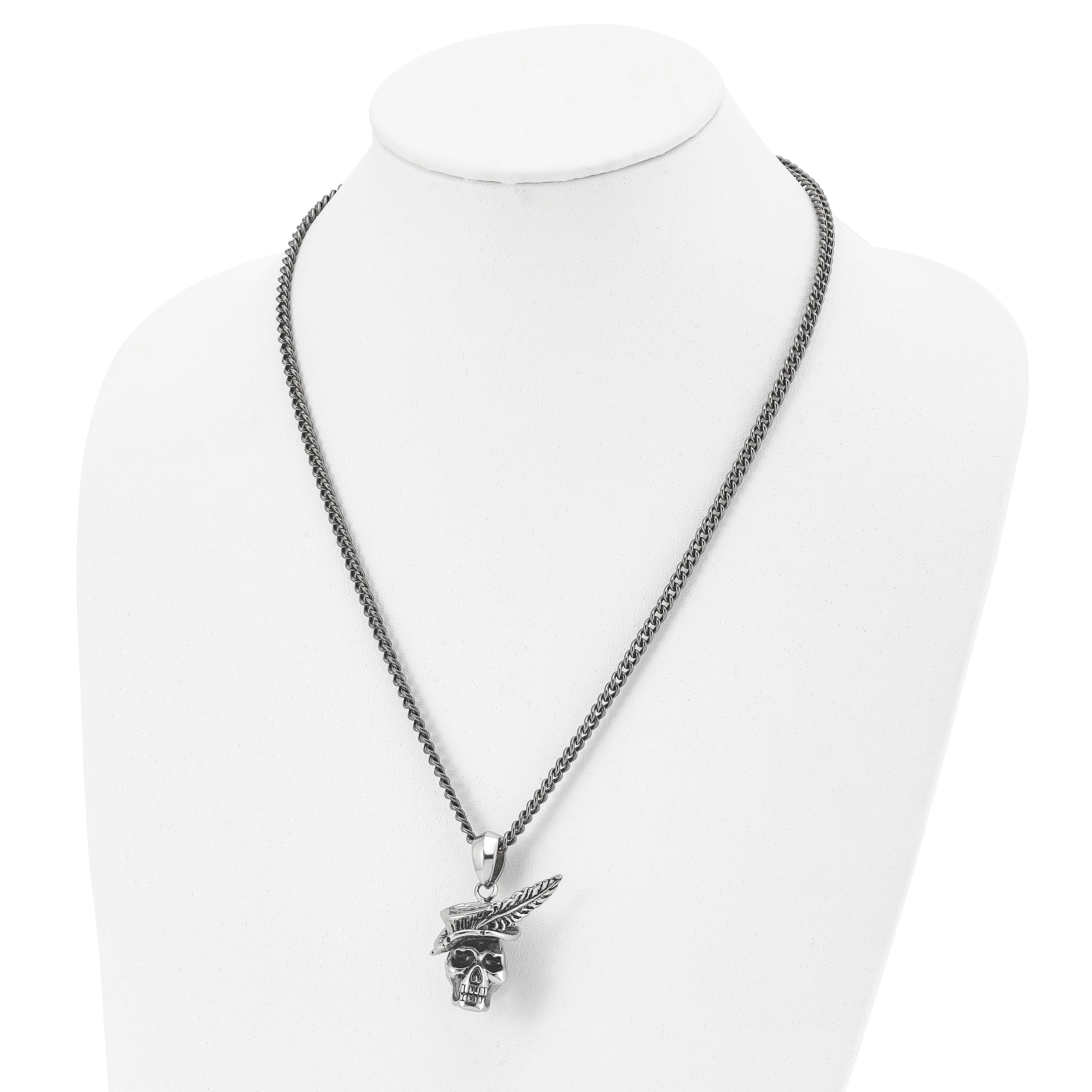 Chisel Stainless Steel Antiqued and Polished Skull with Feather Hat Pendant on a 22 inch Curb Chain Necklace