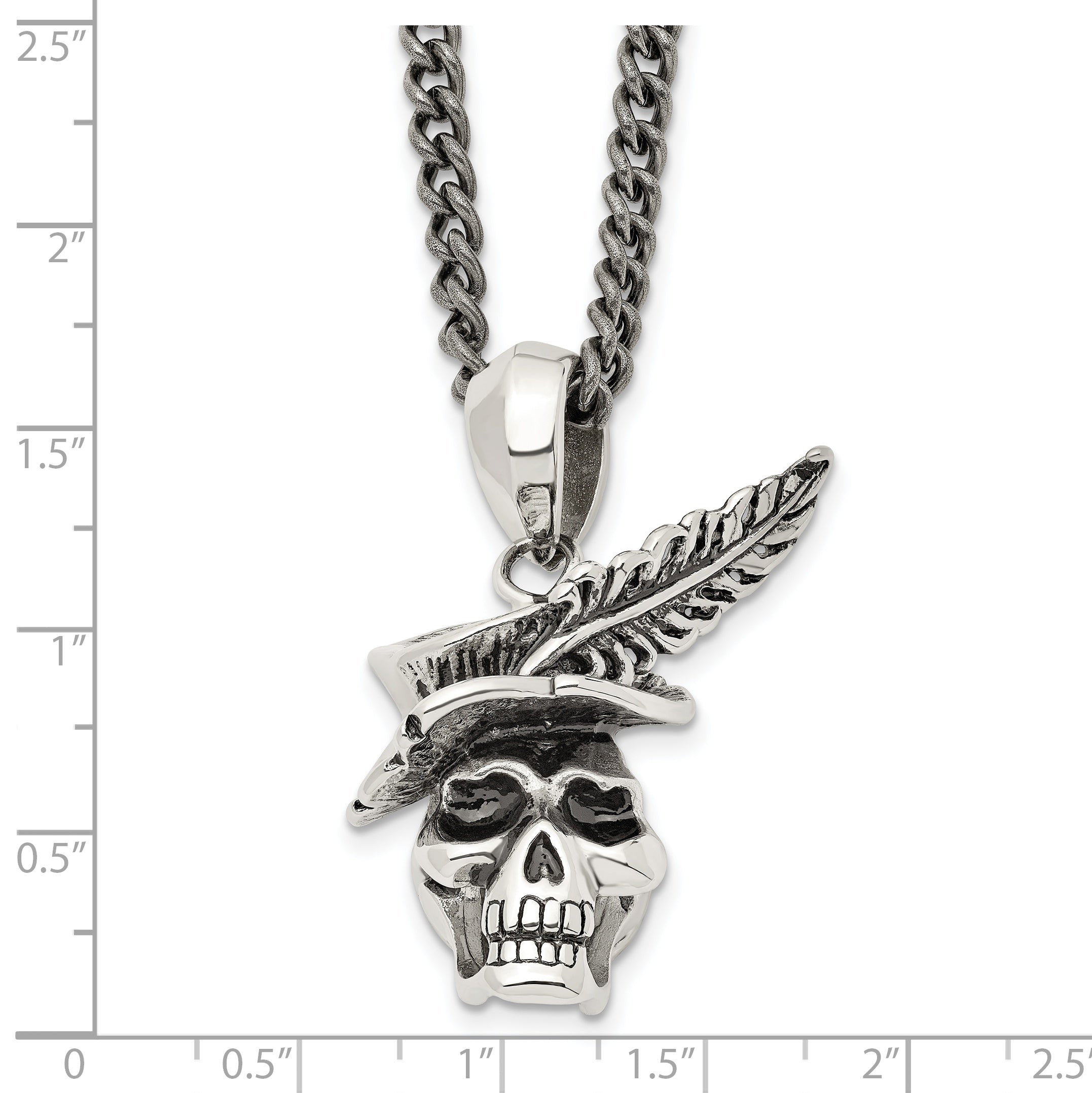 Chisel Stainless Steel Antiqued and Polished Skull with Feather Hat Pendant on a 22 inch Curb Chain Necklace