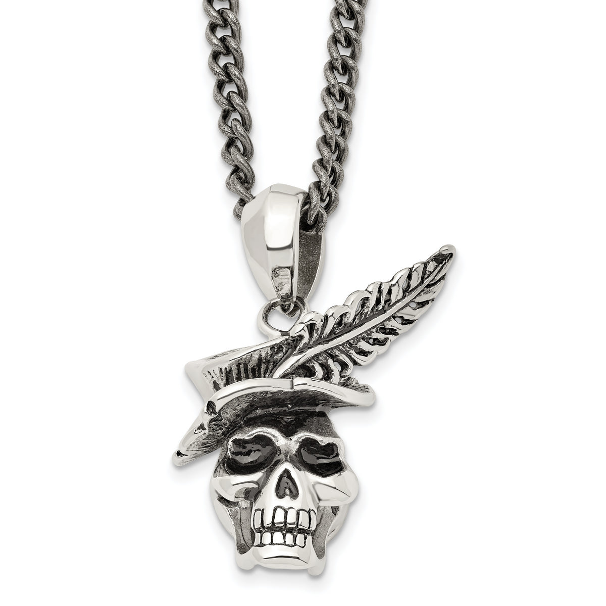 Chisel Stainless Steel Antiqued and Polished Skull with Feather Hat Pendant on a 22 inch Curb Chain Necklace