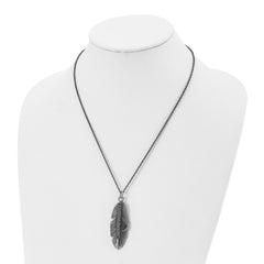 Chisel Stainless Steel Antiqued and Polished with Black CZ Feather Pendant on a 20 inch Singapore Chain Necklace