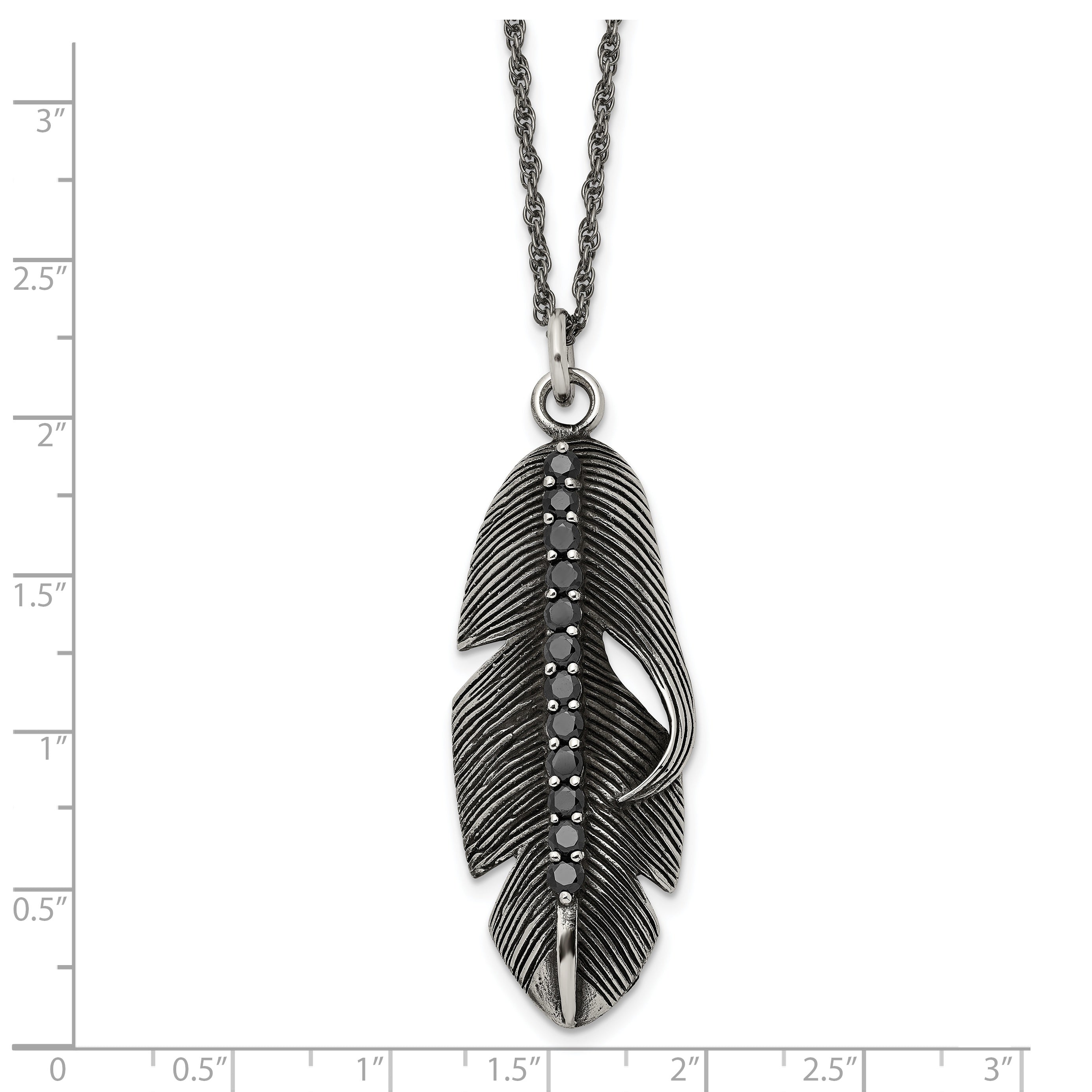 Chisel Stainless Steel Antiqued and Polished with Black CZ Feather Pendant on a 20 inch Singapore Chain Necklace