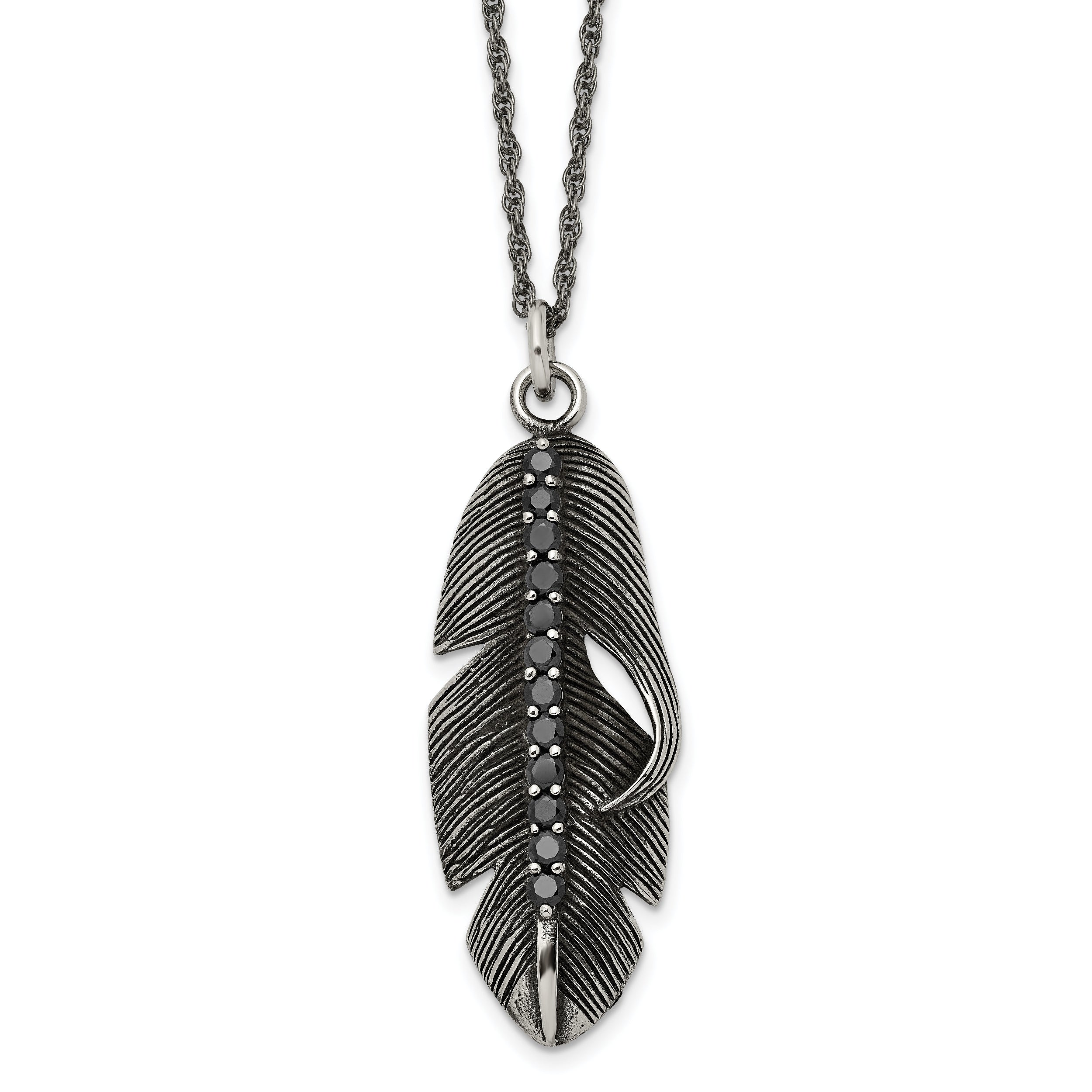 Chisel Stainless Steel Antiqued and Polished with Black CZ Feather Pendant on a 20 inch Singapore Chain Necklace