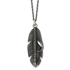 Chisel Stainless Steel Antiqued and Polished with Black CZ Feather Pendant on a 20 inch Singapore Chain Necklace