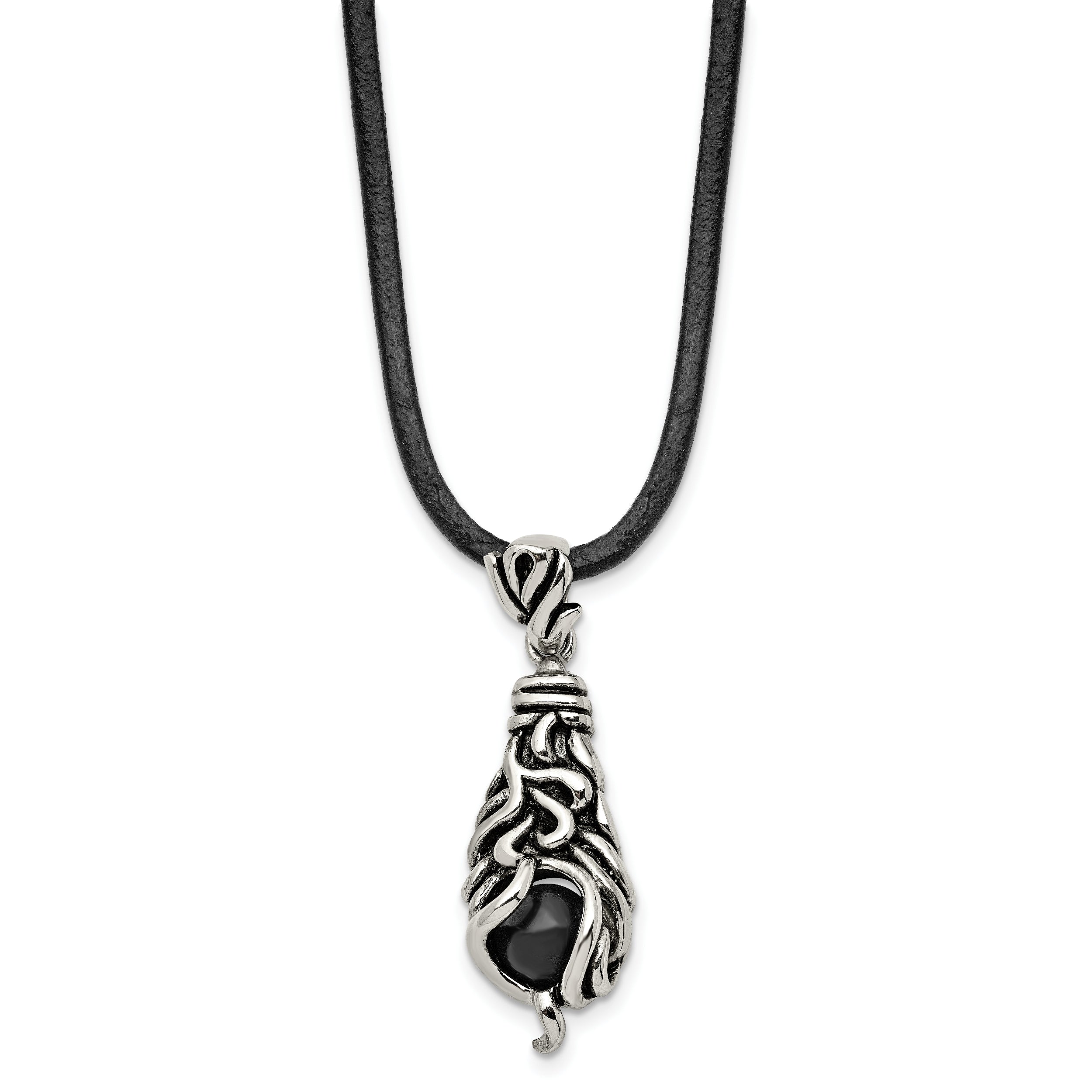 Chisel Stainless Steel Antiqued Polished and Textured Moveable Black Agate Pendant on a 20 inch Leather Cord Necklace