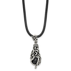 Chisel Stainless Steel Antiqued Polished and Textured Moveable Black Agate Pendant on a 20 inch Leather Cord Necklace