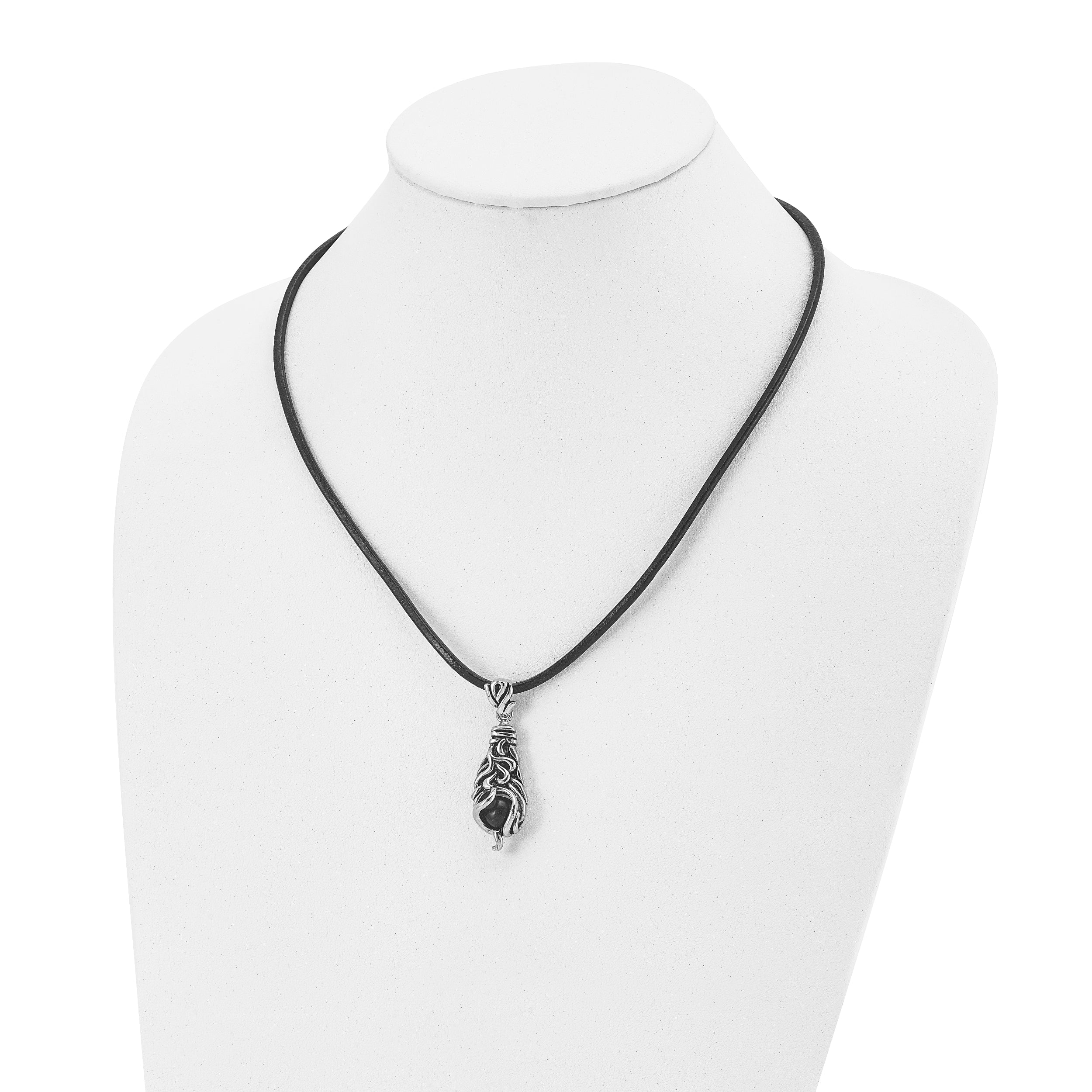 Chisel Stainless Steel Antiqued Polished and Textured Moveable Black Agate Pendant on a 20 inch Leather Cord Necklace