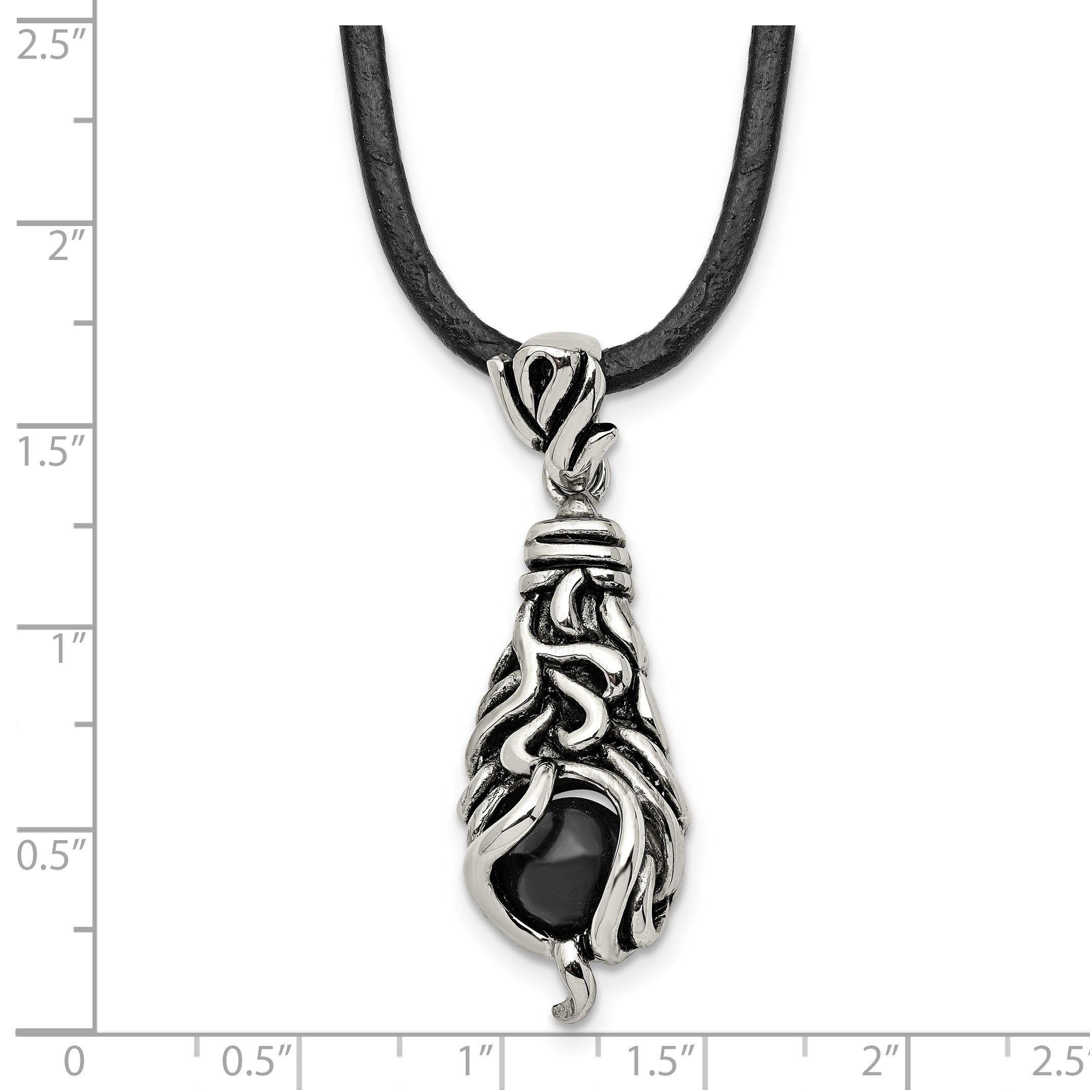 Chisel Stainless Steel Antiqued Polished and Textured Moveable Black Agate Pendant on a 20 inch Leather Cord Necklace