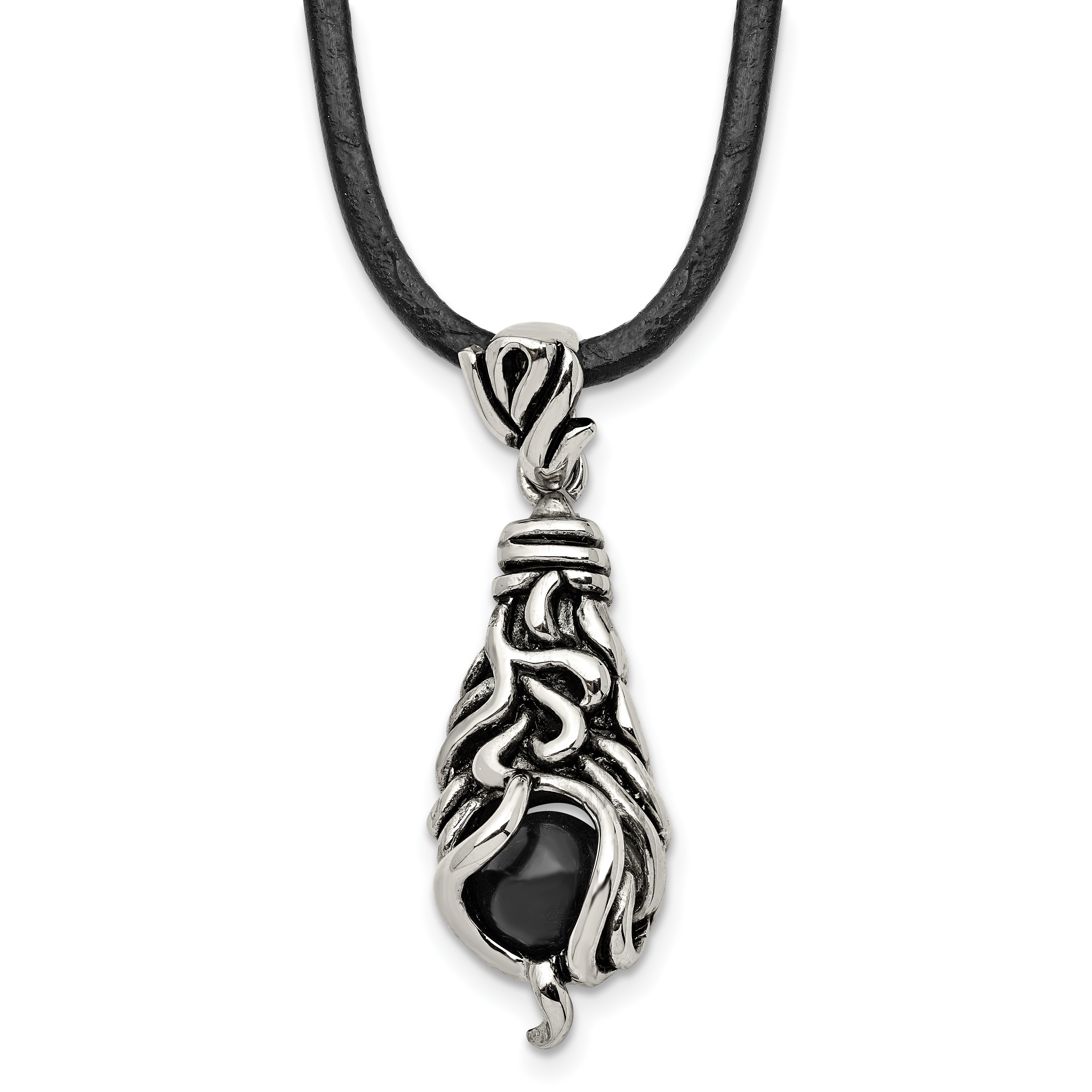 Chisel Stainless Steel Antiqued Polished and Textured Moveable Black Agate Pendant on a 20 inch Leather Cord Necklace