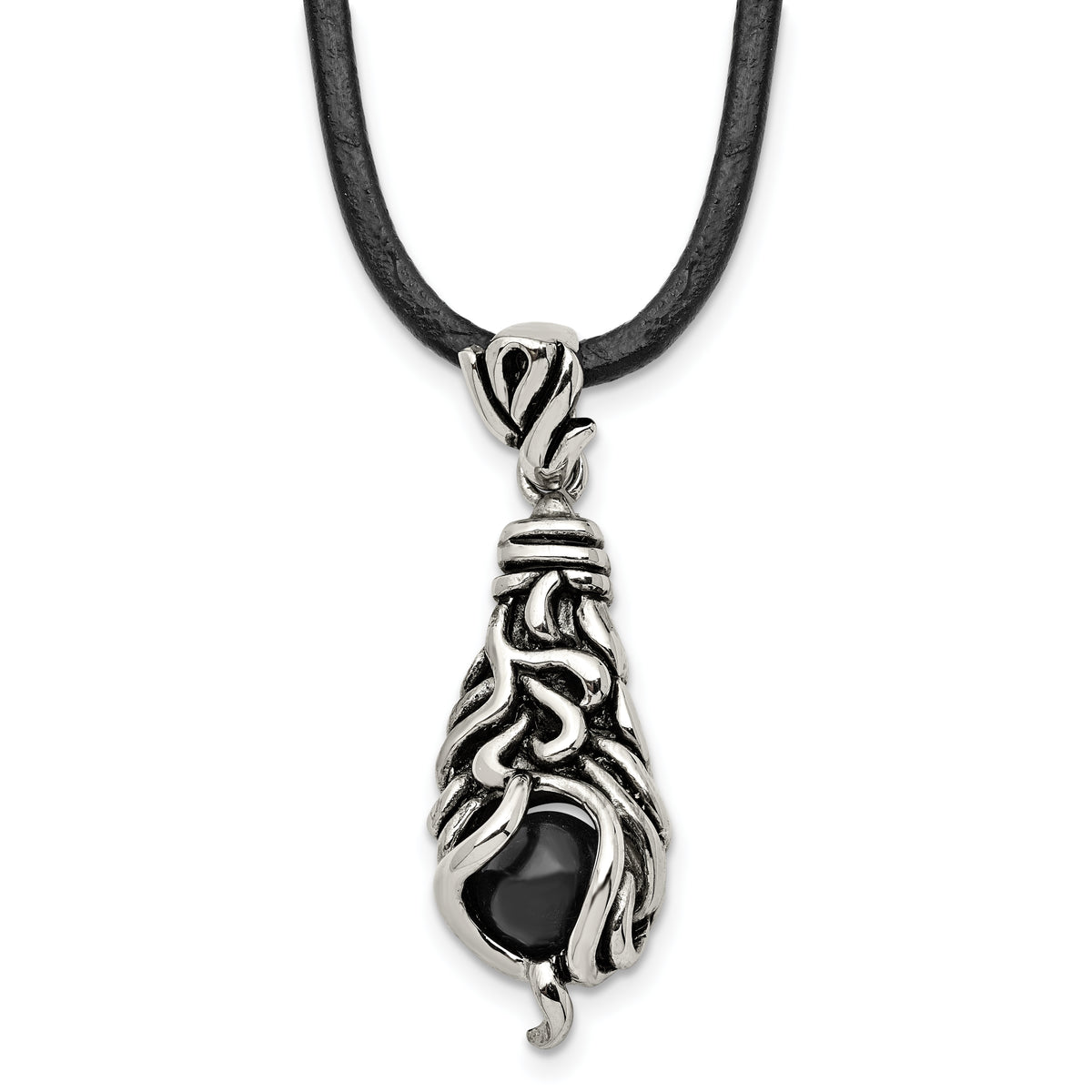 Chisel Stainless Steel Antiqued Polished and Textured Moveable Black Agate Pendant on a 20 inch Leather Cord Necklace