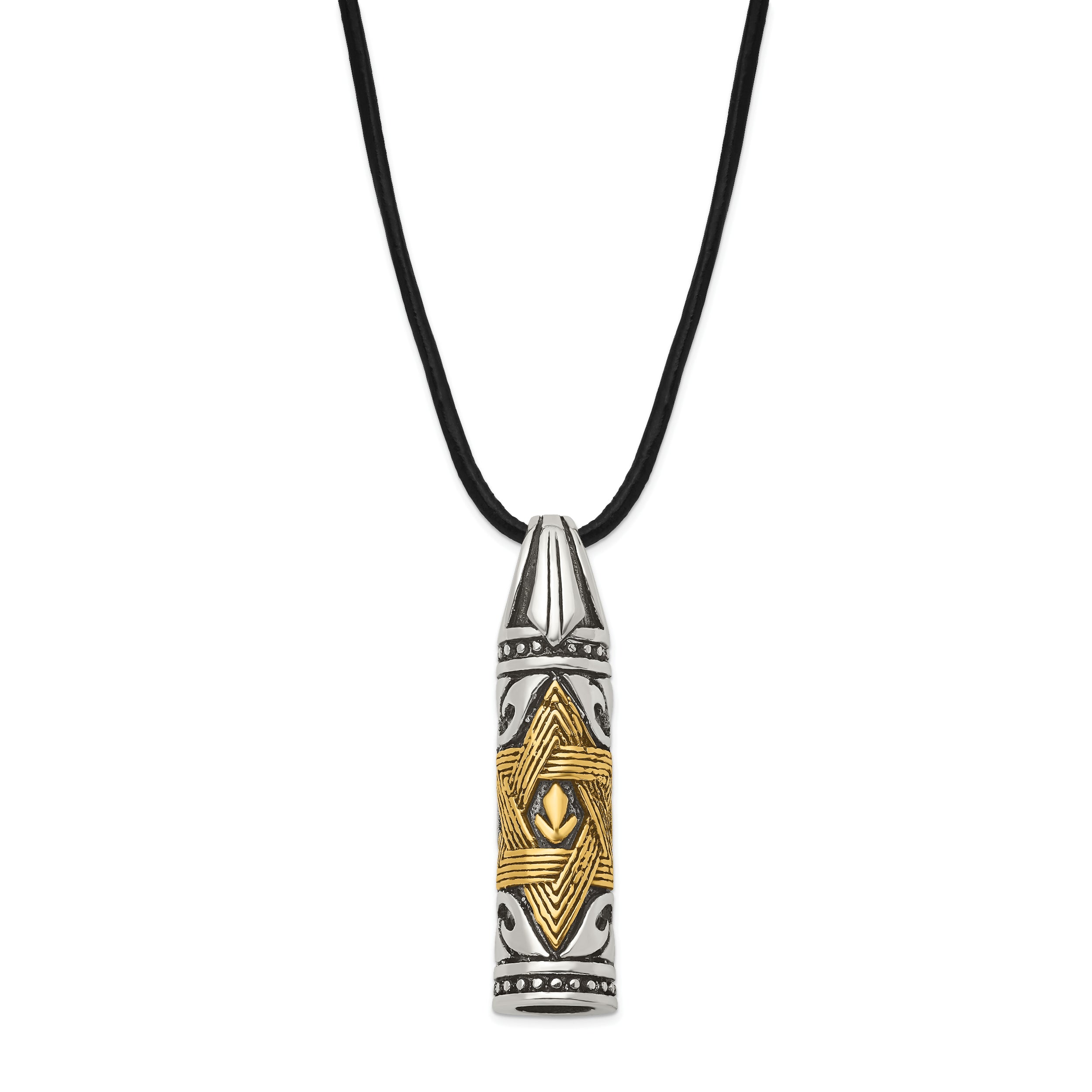 Chisel Stainless Steel Antiqued and Polished with Yellow IP-plated  Accent Star of David Pendant on a 20 inch Leather Cord Necklace