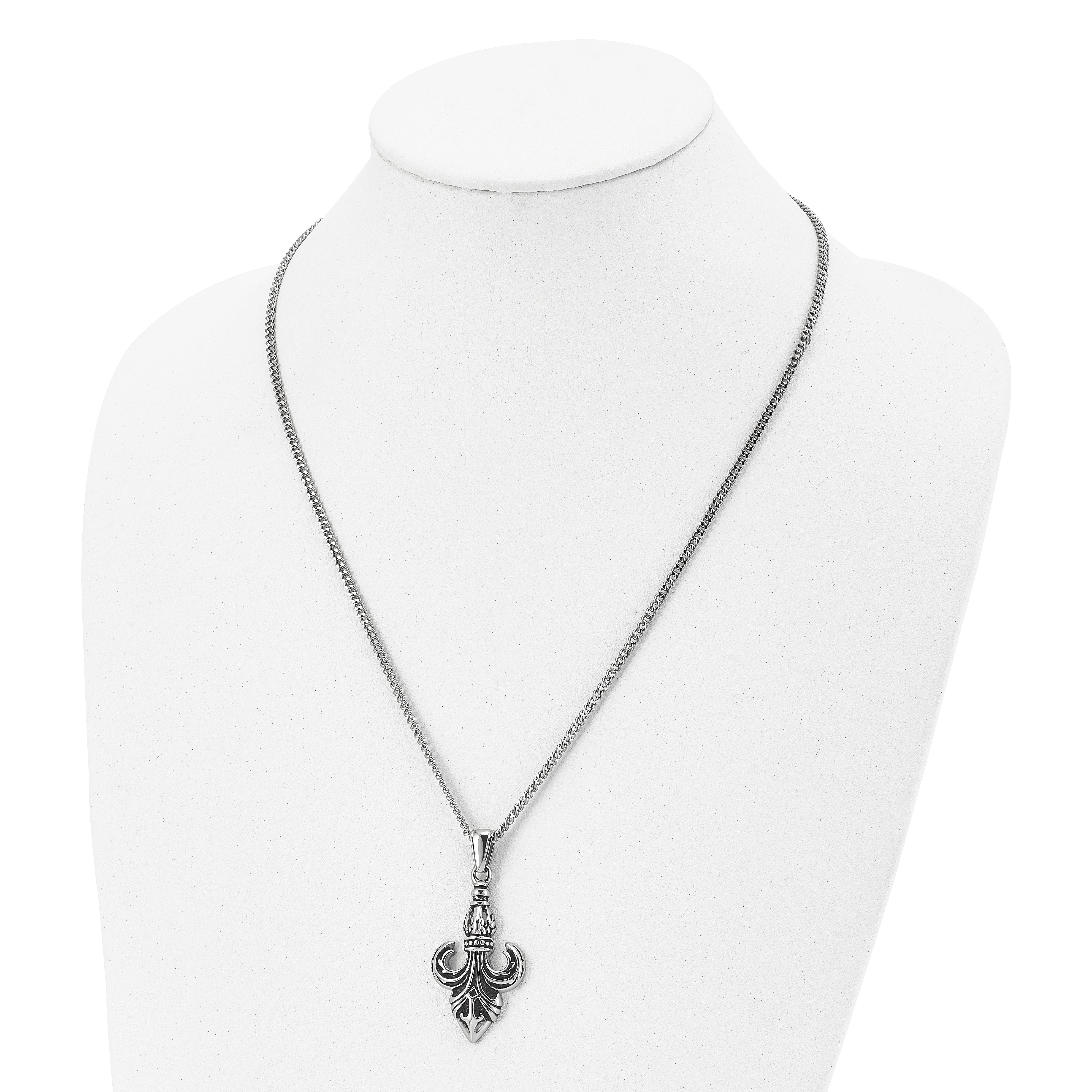 Chisel Stainless Steel Antiqued and Polished Fleur de lis Pendant on a 22 inch Curb Chain Necklace