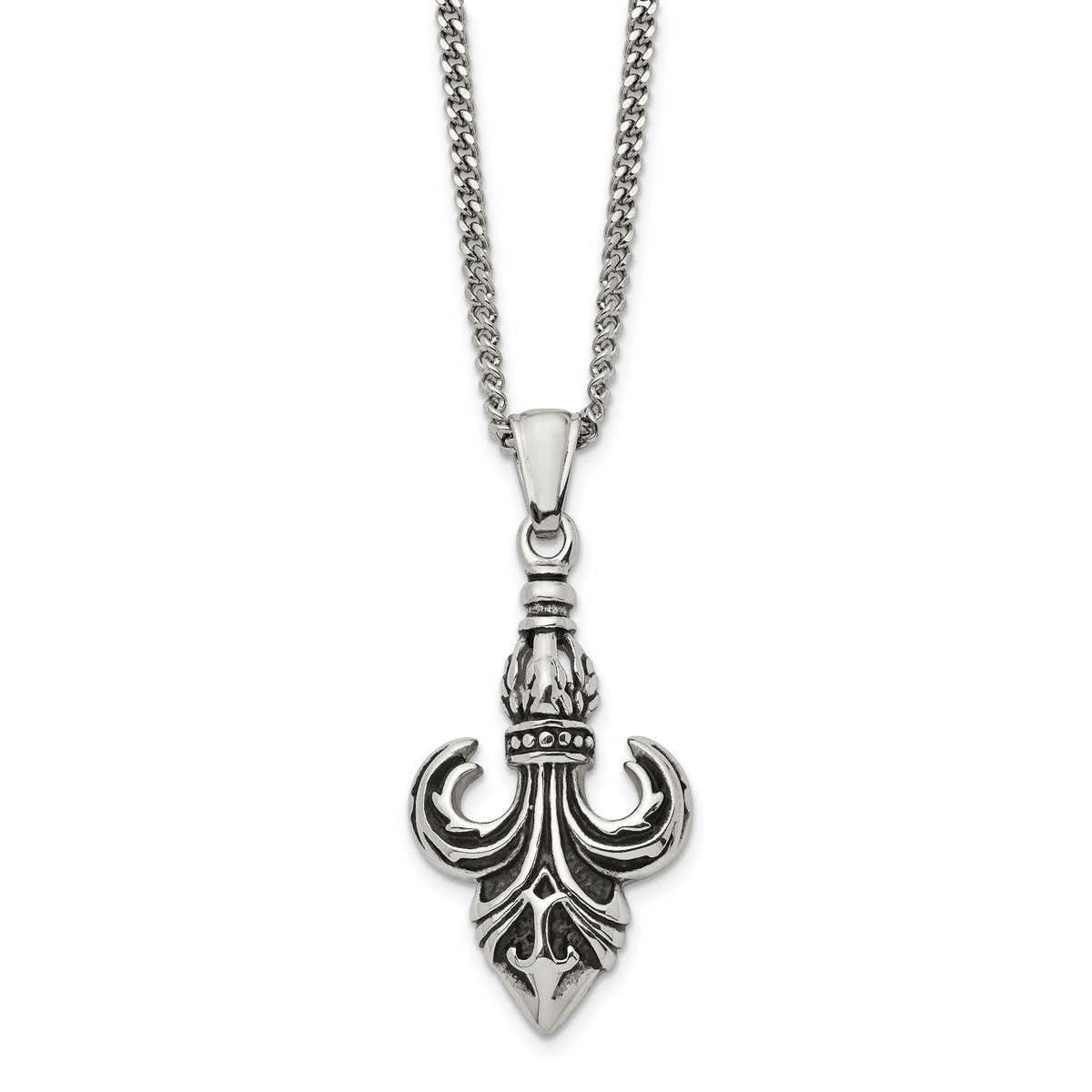 Chisel Stainless Steel Antiqued and Polished Fleur de lis Pendant on a 22 inch Curb Chain Necklace