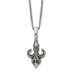 Chisel Stainless Steel Antiqued and Polished Fleur de lis Pendant on a 22 inch Curb Chain Necklace