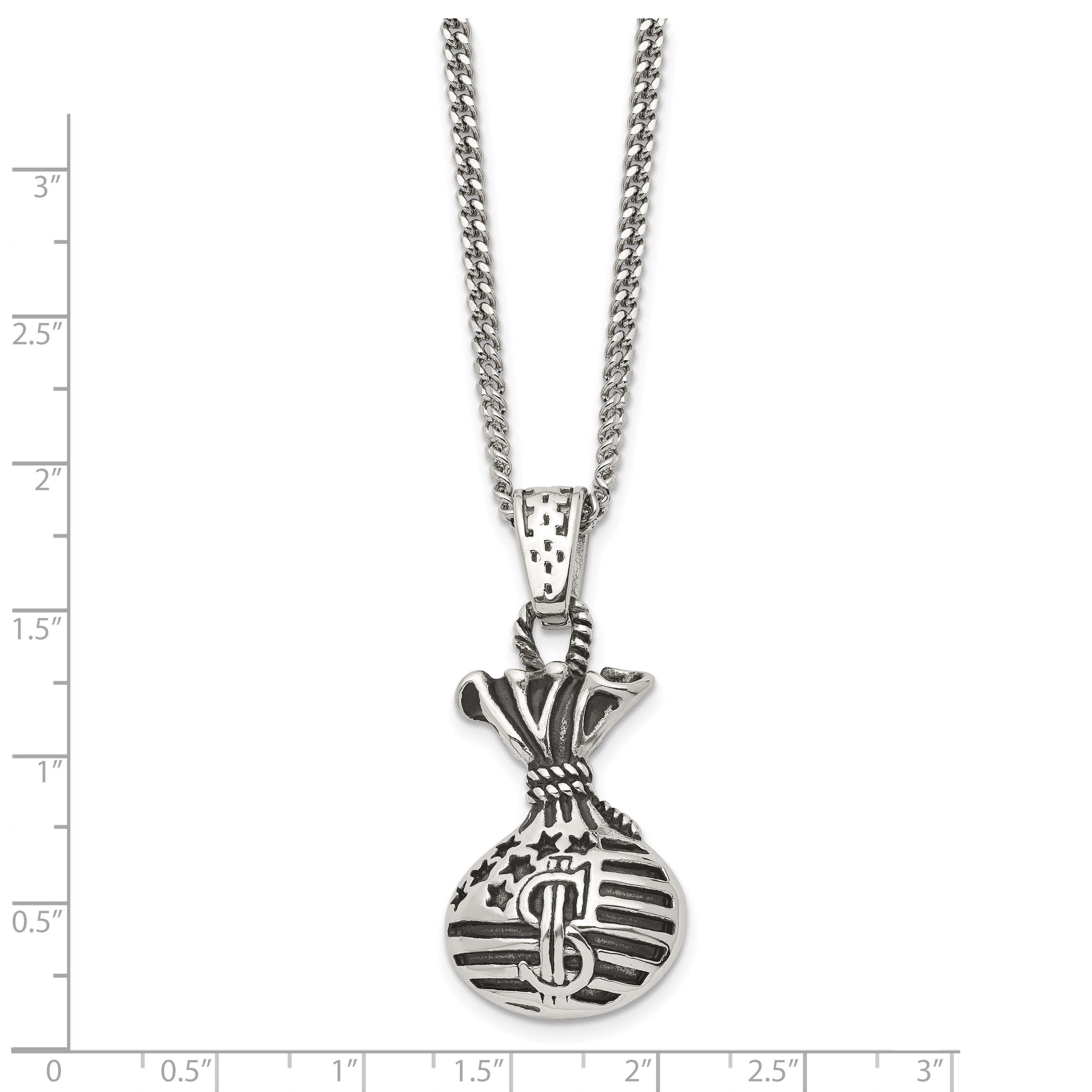 Chisel Stainless Steel Polished and Antiqued Money Bag Pendant on a 22 inch Curb Chain Necklace