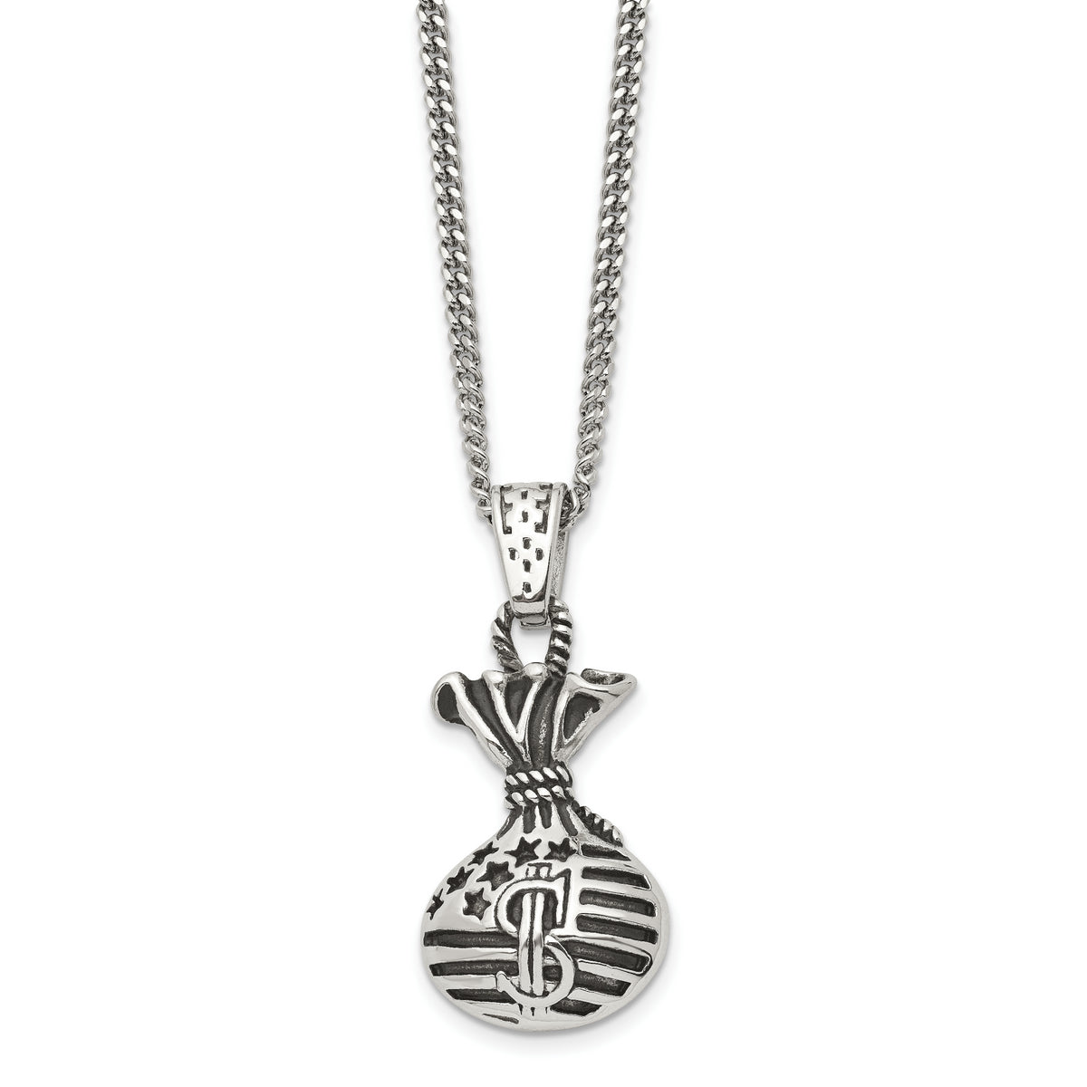 Chisel Stainless Steel Polished and Antiqued Money Bag Pendant on a 22 inch Curb Chain Necklace