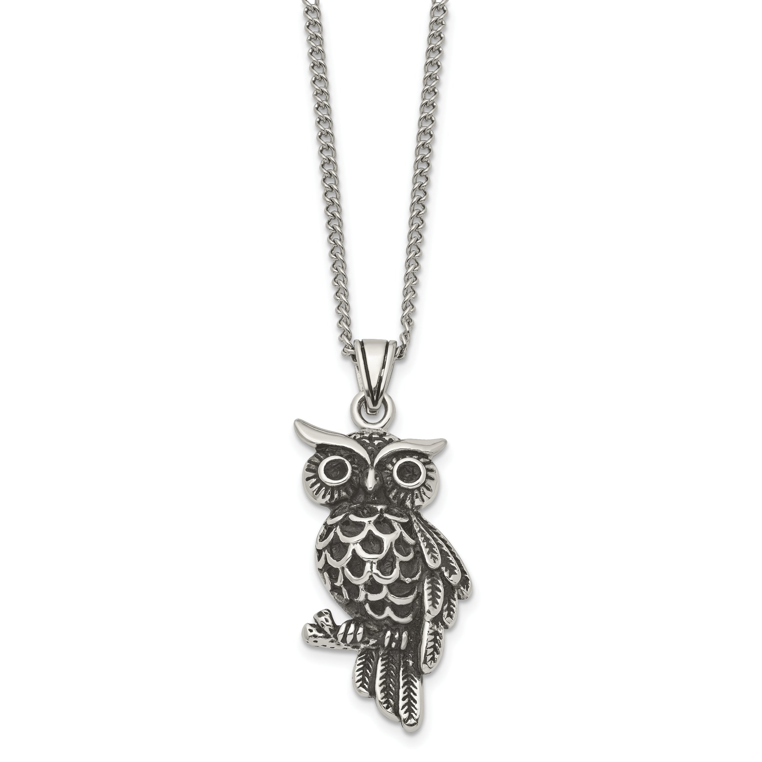 Stainless Steel Antiqued and Polished w/Black Crystal Owl 20in Necklace