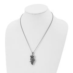 Stainless Steel Antiqued and Polished w/Black Crystal Owl 20in Necklace