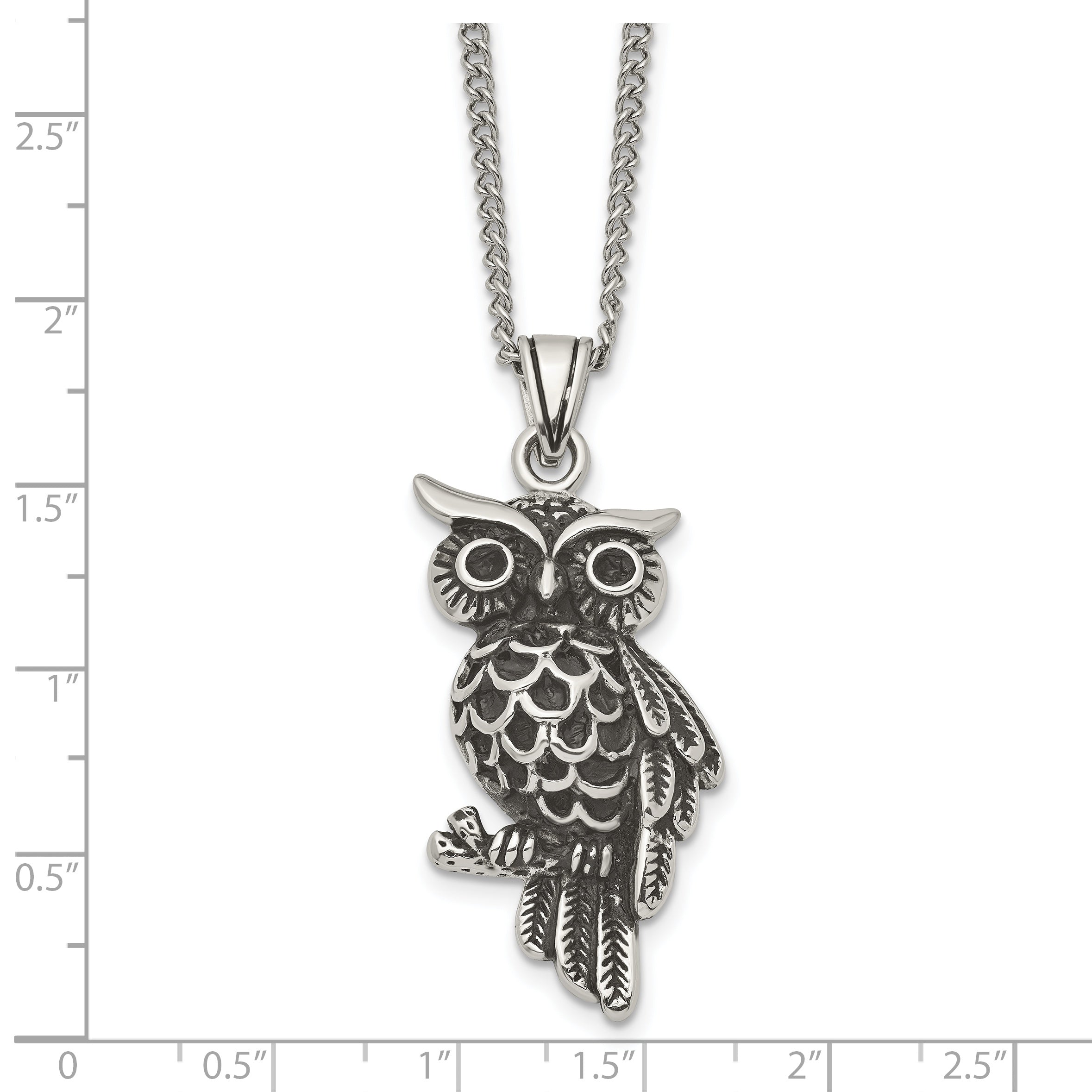 Stainless Steel Antiqued and Polished w/Black Crystal Owl 20in Necklace