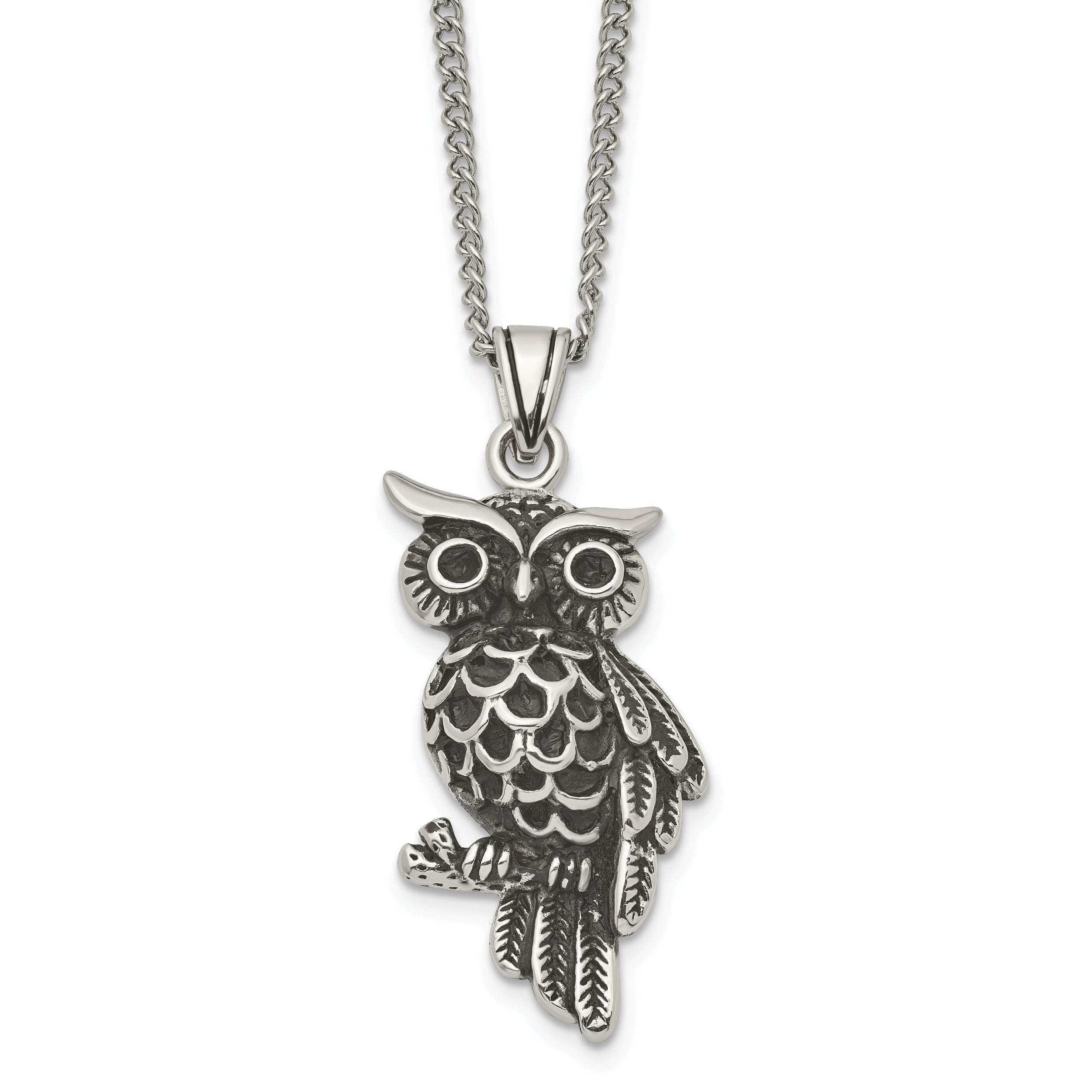 Stainless Steel Antiqued and Polished w/Black Crystal Owl 20in Necklace