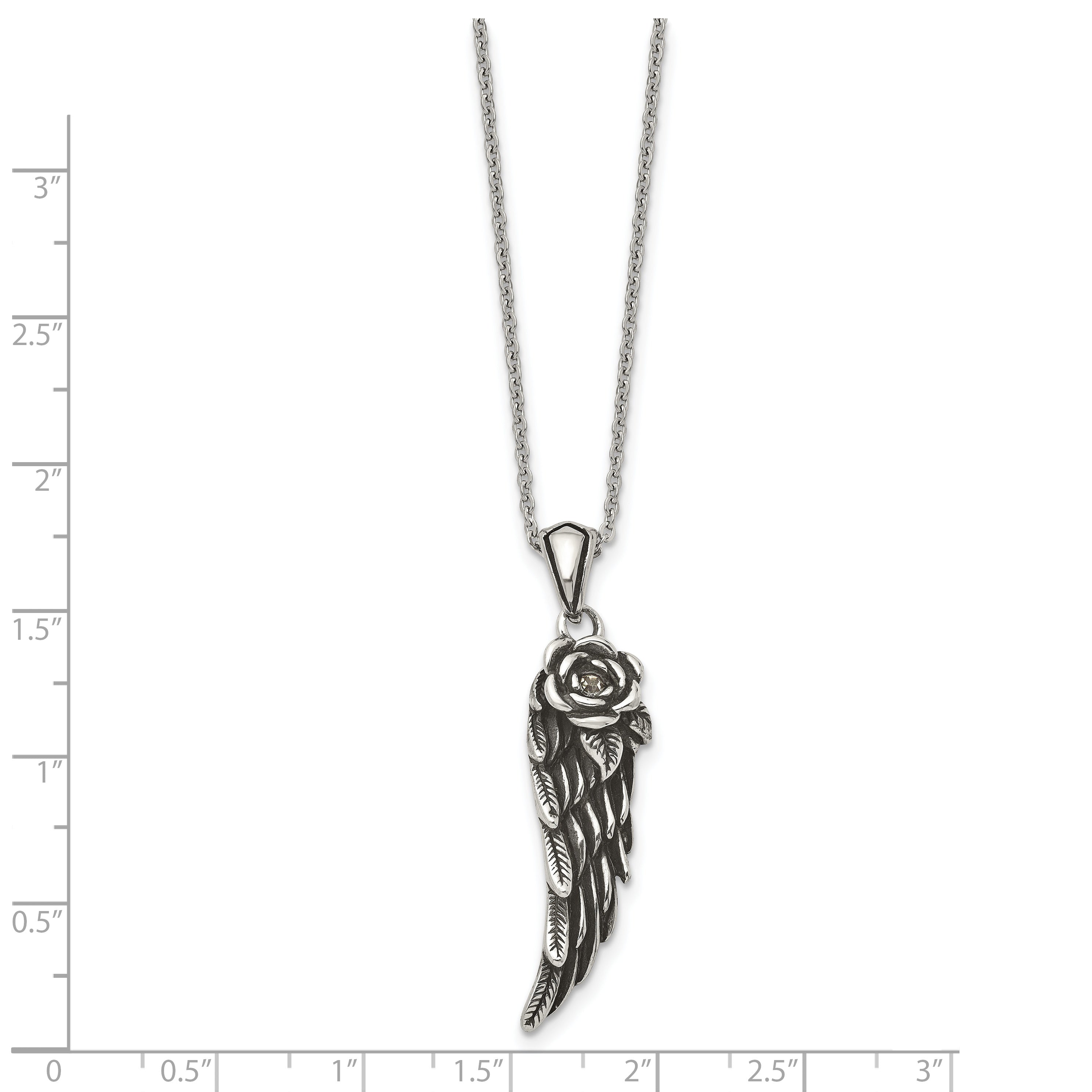 Stainless Steel Antiqued and Polished w/Crystal Wing 18in Necklace