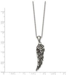 Stainless Steel Antiqued and Polished w/Crystal Wing 18in Necklace