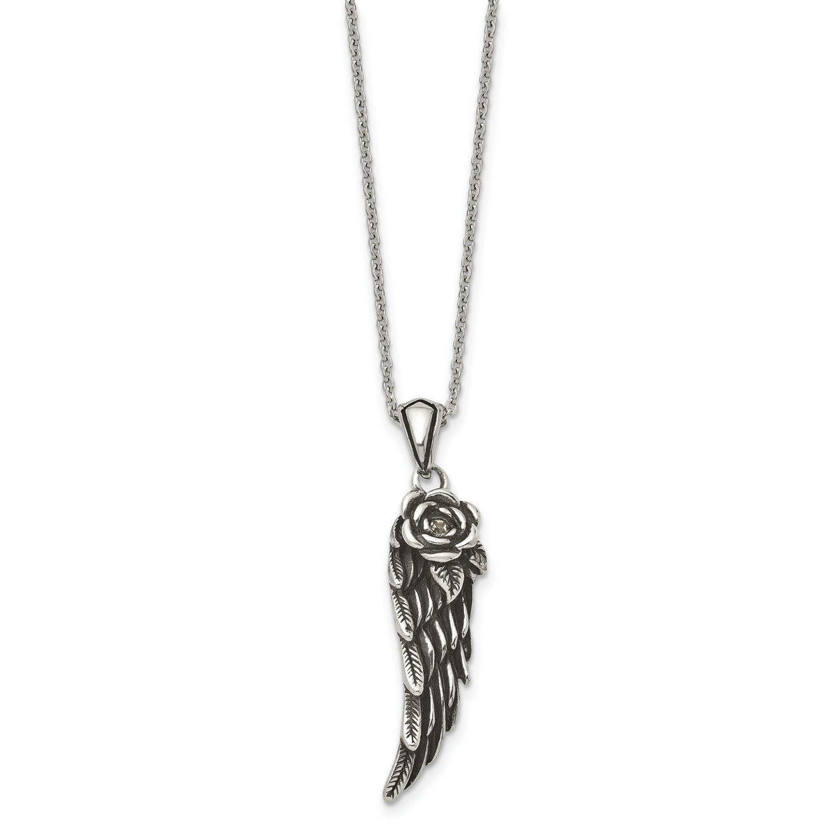 Stainless Steel Antiqued and Polished w/Crystal Wing 18in Necklace