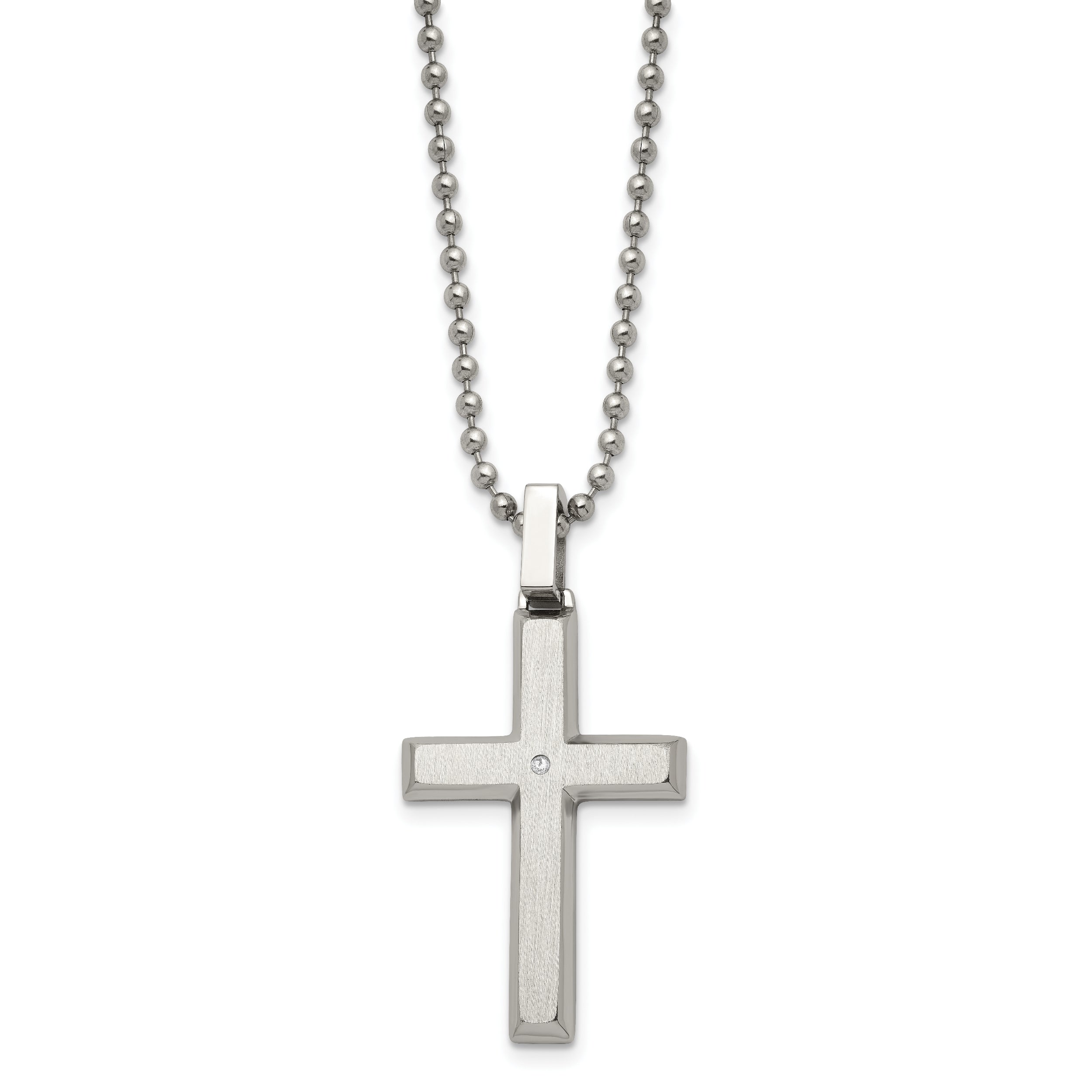 Chisel Stainless Steel Brushed and Polished .01 carat Diamond Cross Pendant on a 22 inch Ball Chain Necklace