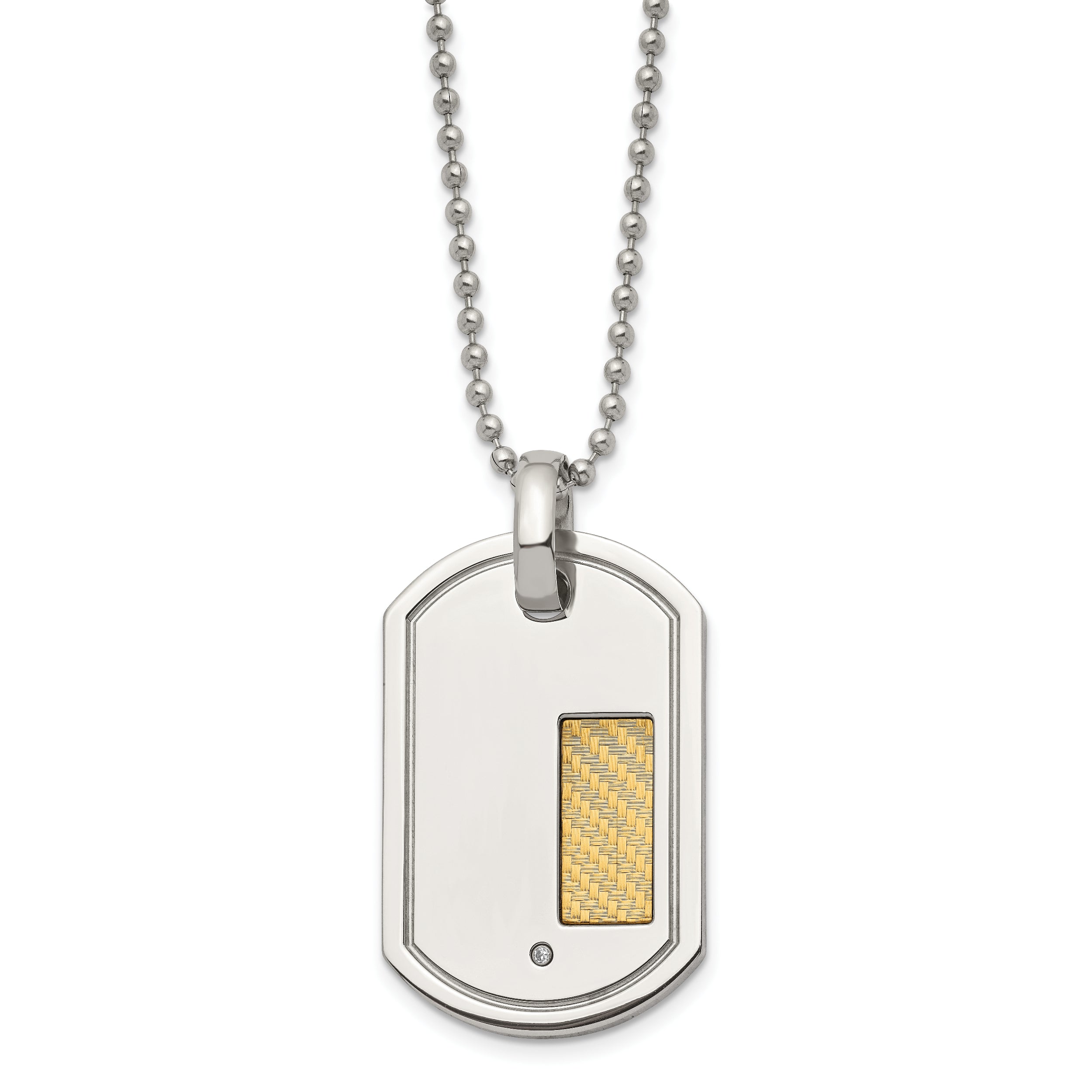 Chisel Stainless Steel Polished with 18k Gold Accent .01 carat Diamond Dog Tag on a 24 inch Ball Chain Necklace