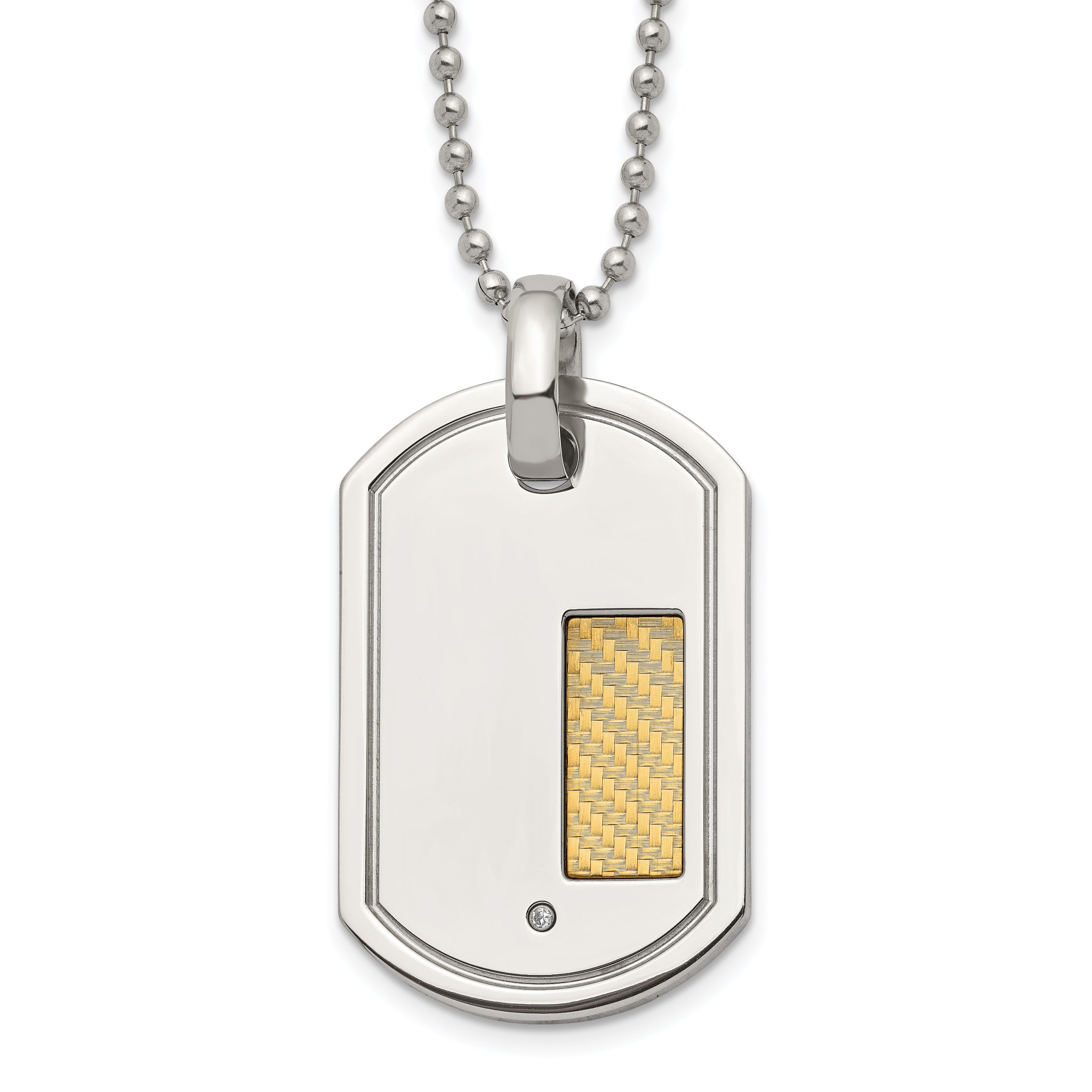 Chisel Stainless Steel Polished with 18k Gold Accent .01 carat Diamond Dog Tag on a 24 inch Ball Chain Necklace