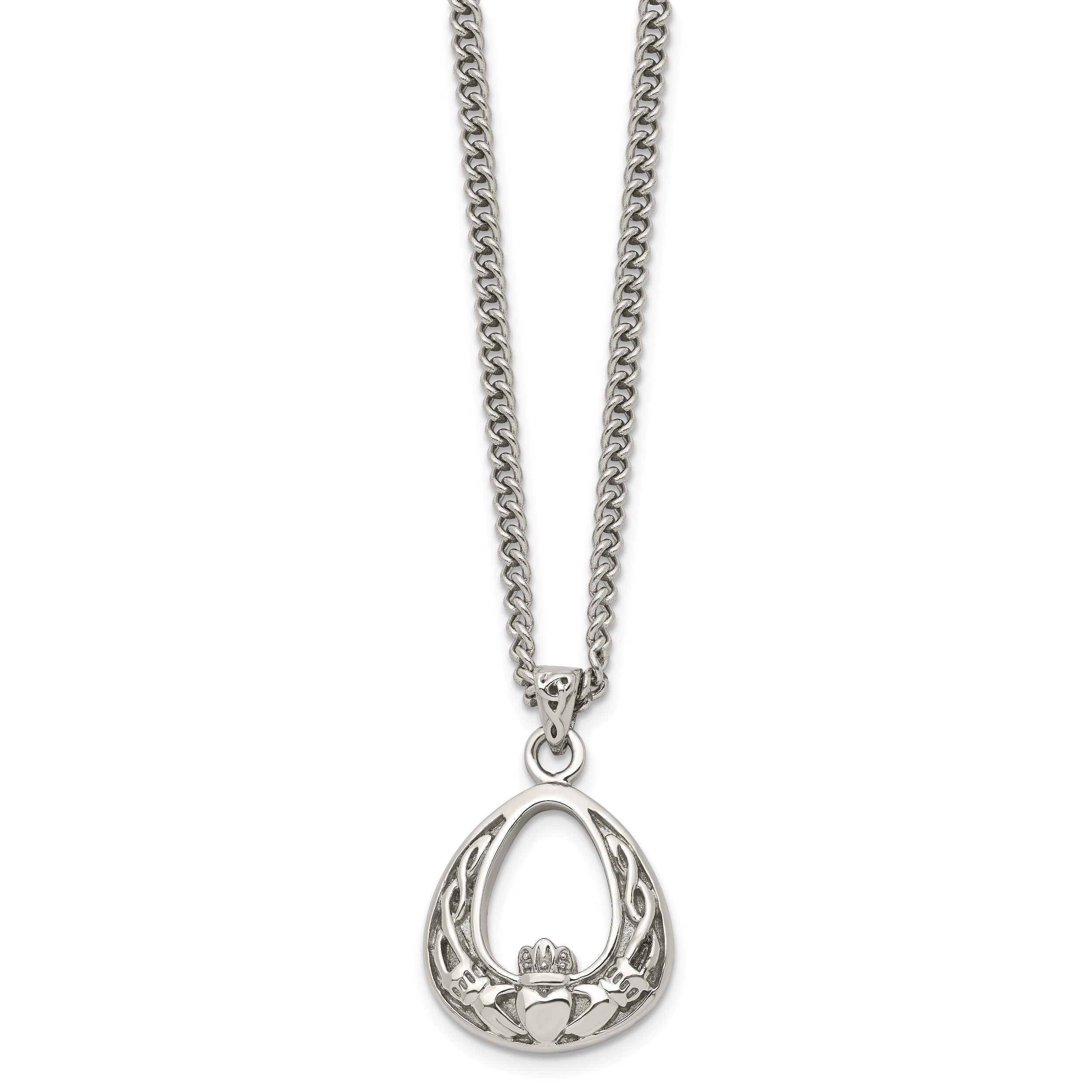 Chisel Stainless Steel Antiqued and Polished Claddagh Pendant on an 18 inch Curb Chain Necklace