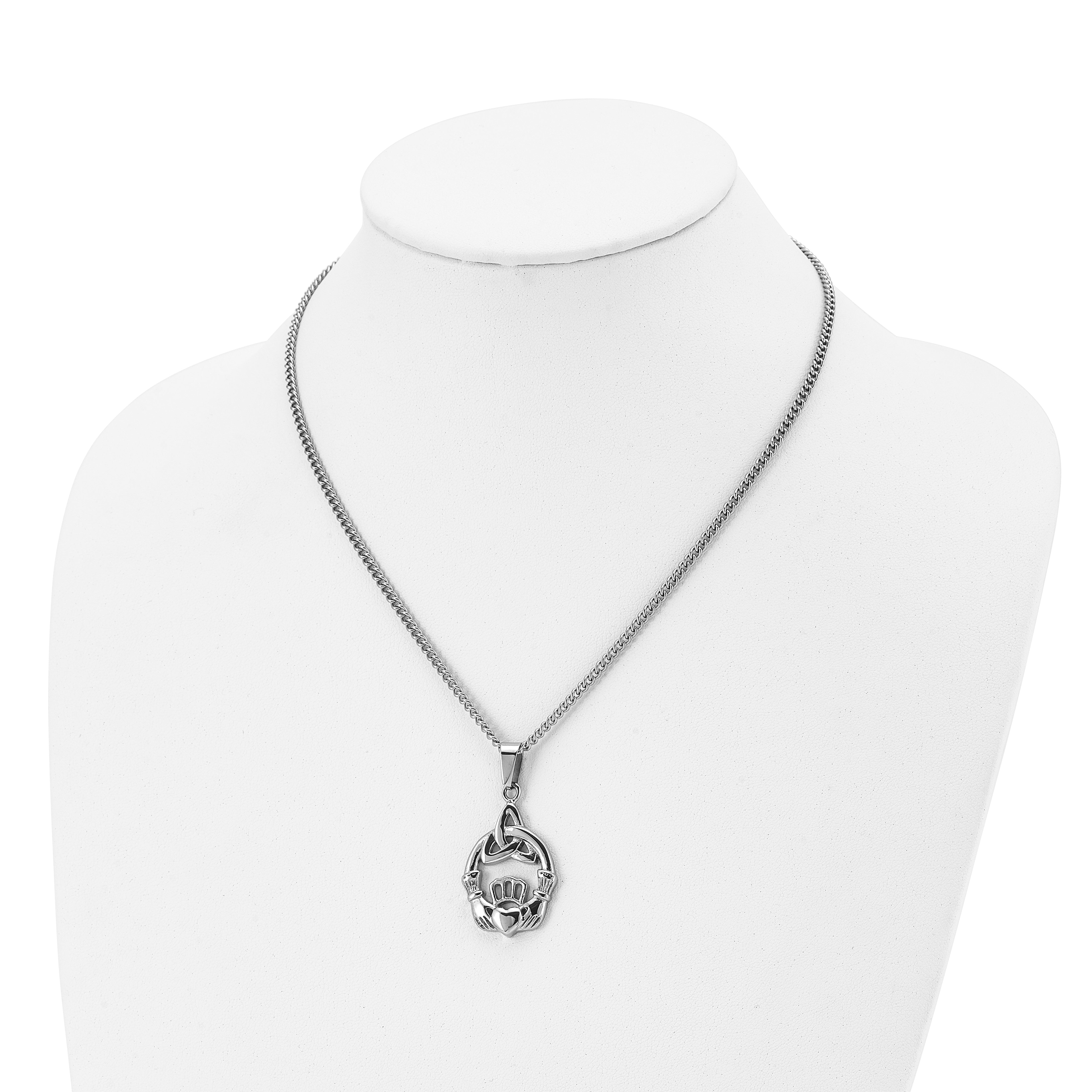 Chisel Stainless Steel Polished Trinity Knot and Claddagh Pendant on an 18 inch Curb Chain Necklace