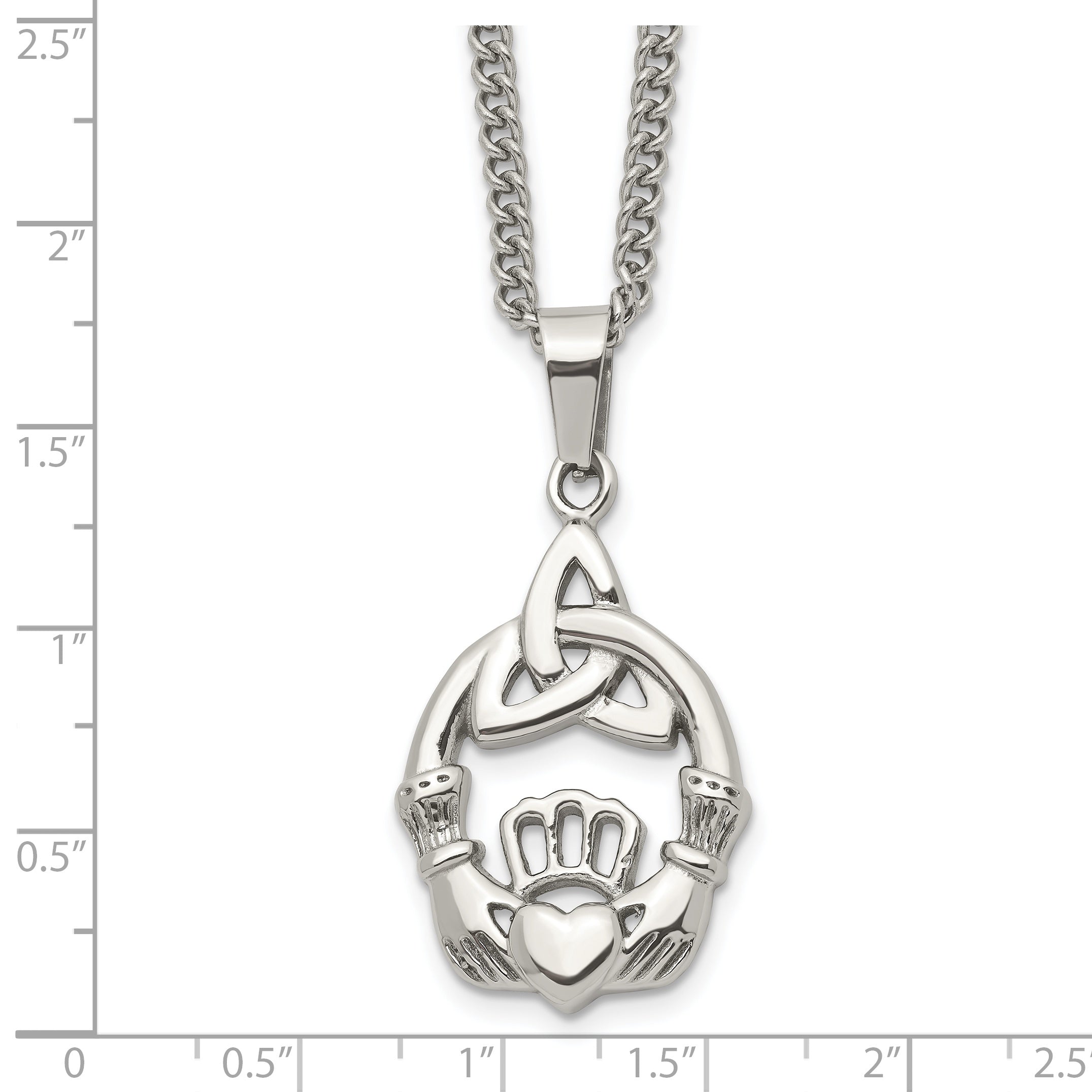 Chisel Stainless Steel Polished Trinity Knot and Claddagh Pendant on an 18 inch Curb Chain Necklace