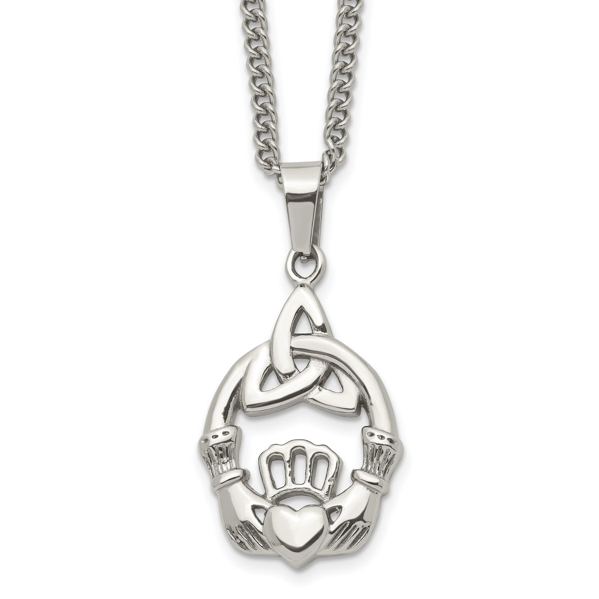 Chisel Stainless Steel Polished Trinity Knot and Claddagh Pendant on an 18 inch Curb Chain Necklace