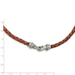 Chisel Stainless Steel Polished Woven Brown Leather 19.5 inch Necklace