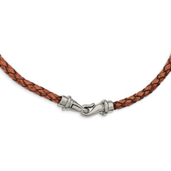 Chisel Stainless Steel Polished Woven Brown Leather 19.5 inch Necklace