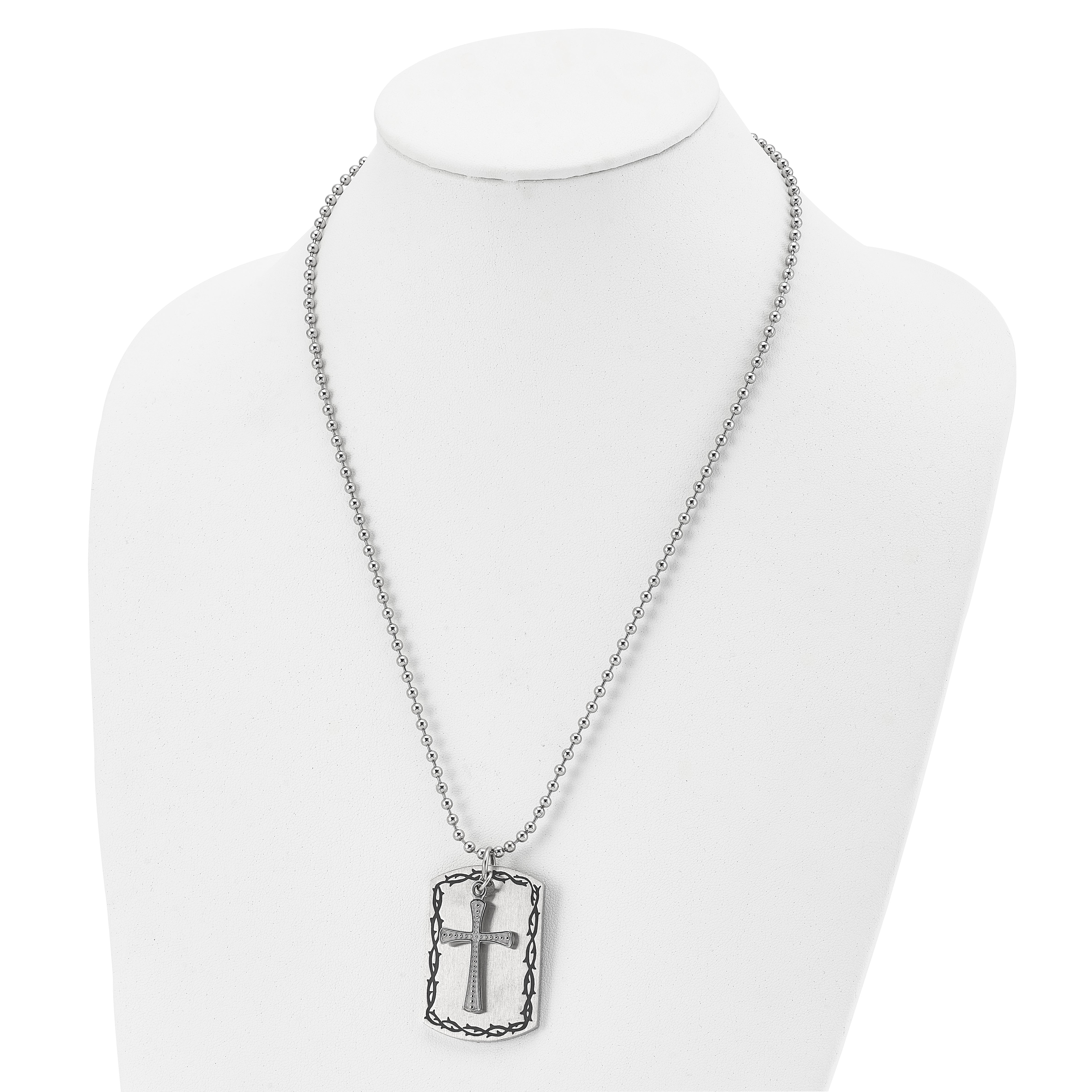 Chisel Stainless Steel Antiqued Brushed and Polished 2 Piece Textured Cross Dog Tag on a 22 inch Ball Chain Necklace