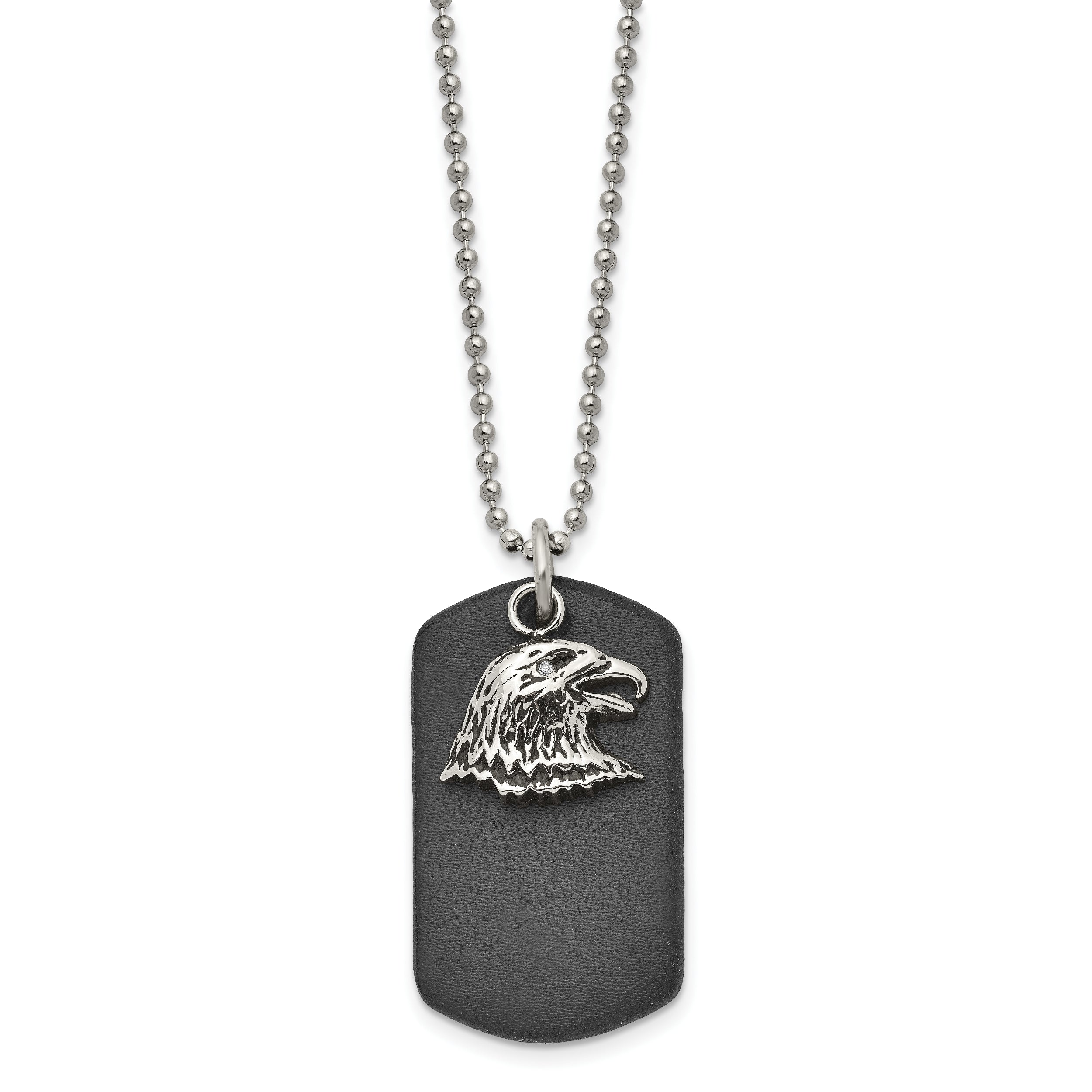 Chisel Stainless Steel Polished and Antiqued Eagle Leather Dog Tag on a 22 inch Ball Chain Necklace