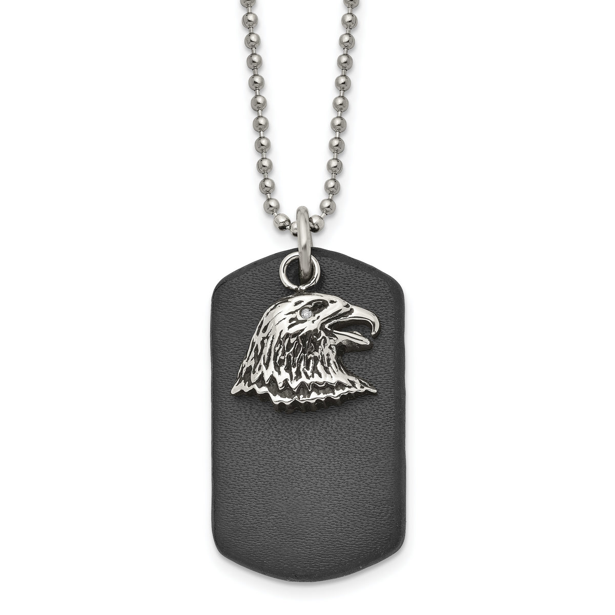 Chisel Stainless Steel Polished and Antiqued Eagle Leather Dog Tag on a 22 inch Ball Chain Necklace