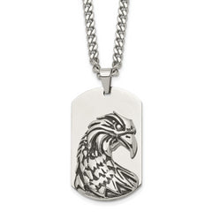 Chisel Stainless Steel Antiqued and Polished Eagle Dog Tag on a 22 inch Curb Chain Necklace