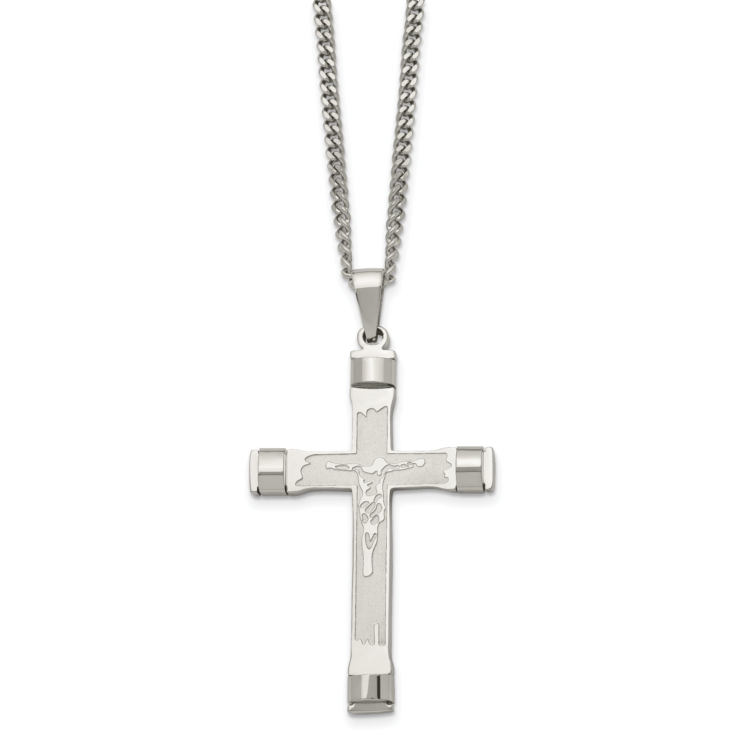 Chisel Stainless Steel Brushed and Polished Crucifix Pendant on a 22 inch Curb Chain Necklace