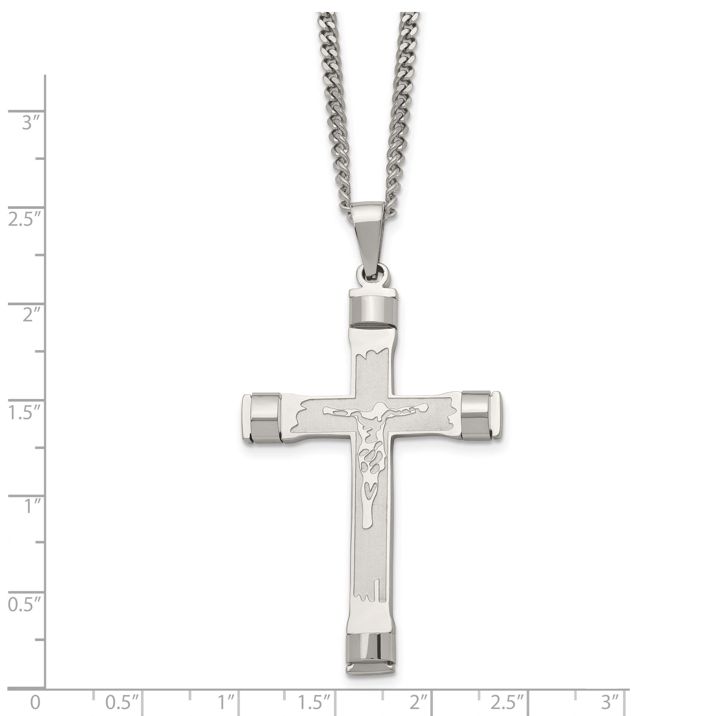 Chisel Stainless Steel Brushed and Polished Crucifix Pendant on a 22 inch Curb Chain Necklace