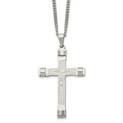 Chisel Stainless Steel Brushed and Polished Crucifix Pendant on a 22 inch Curb Chain Necklace