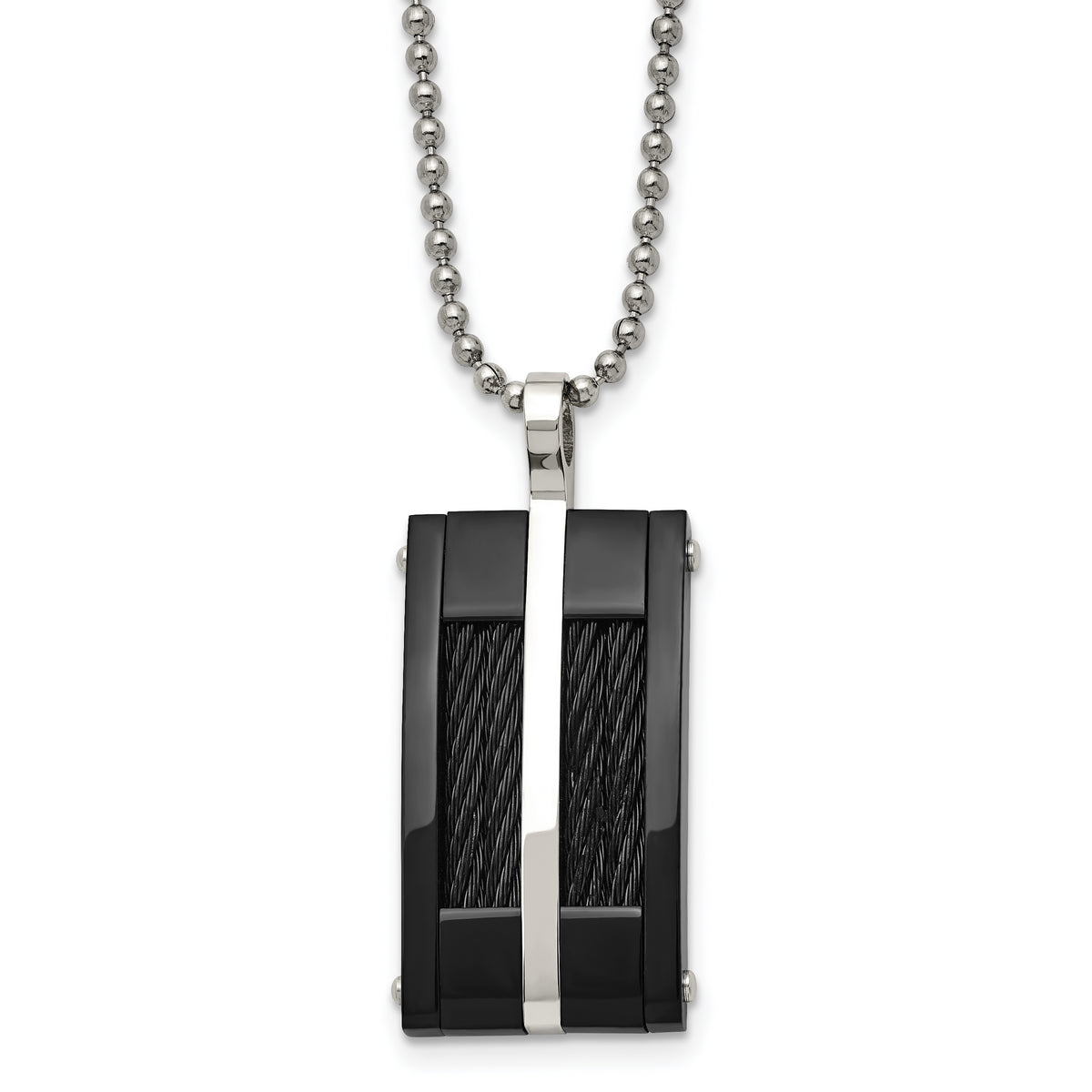 Stainless Steel  20in Polished Black IP-plated w/Cable Rectangle Necklace