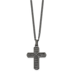 Chisel Stainless Steel Polished and Textured Gun Metal IP-plated Cross Pendant on a 22 inch Curb Chain Necklace