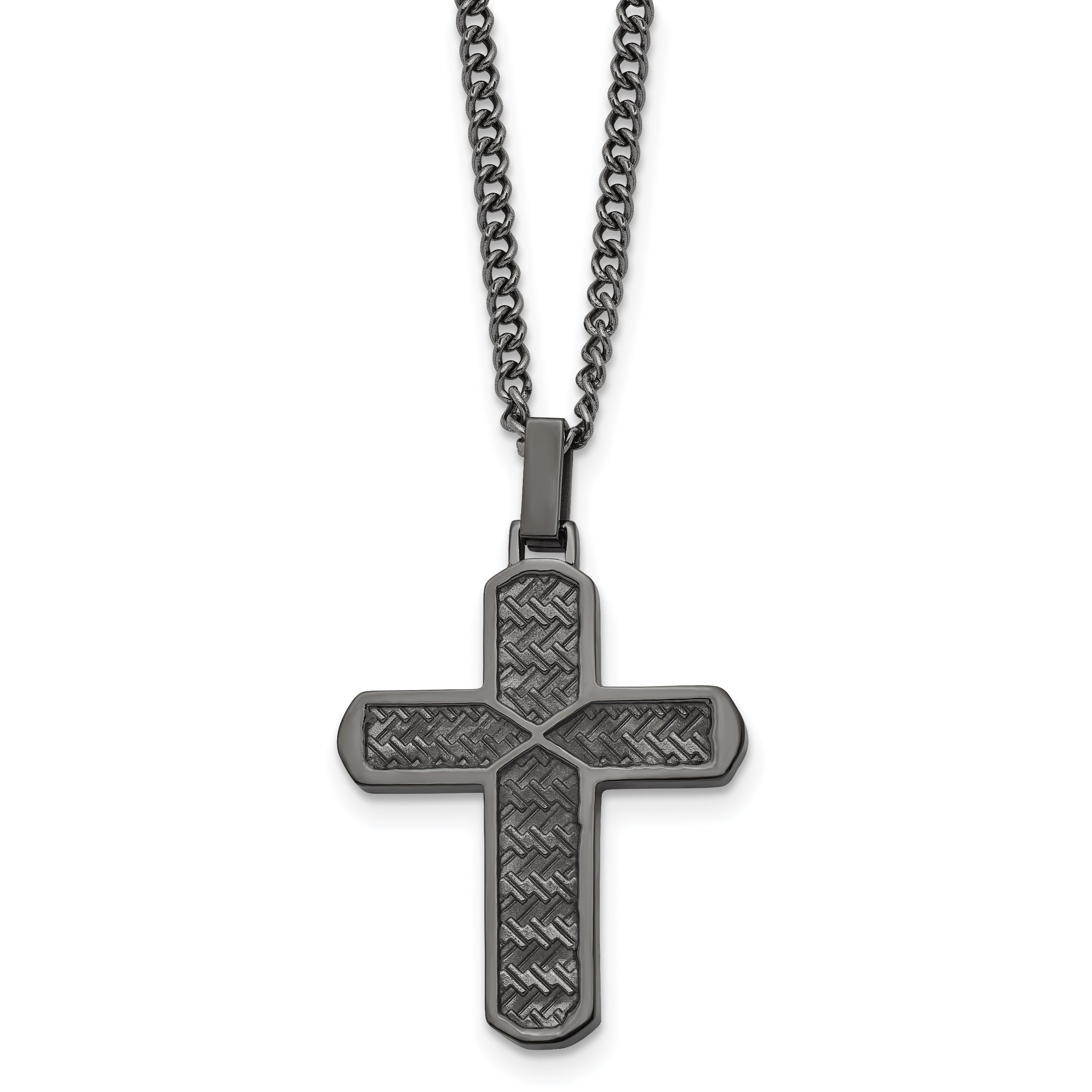 Chisel Stainless Steel Polished and Textured Gun Metal IP-plated Cross Pendant on a 22 inch Curb Chain Necklace