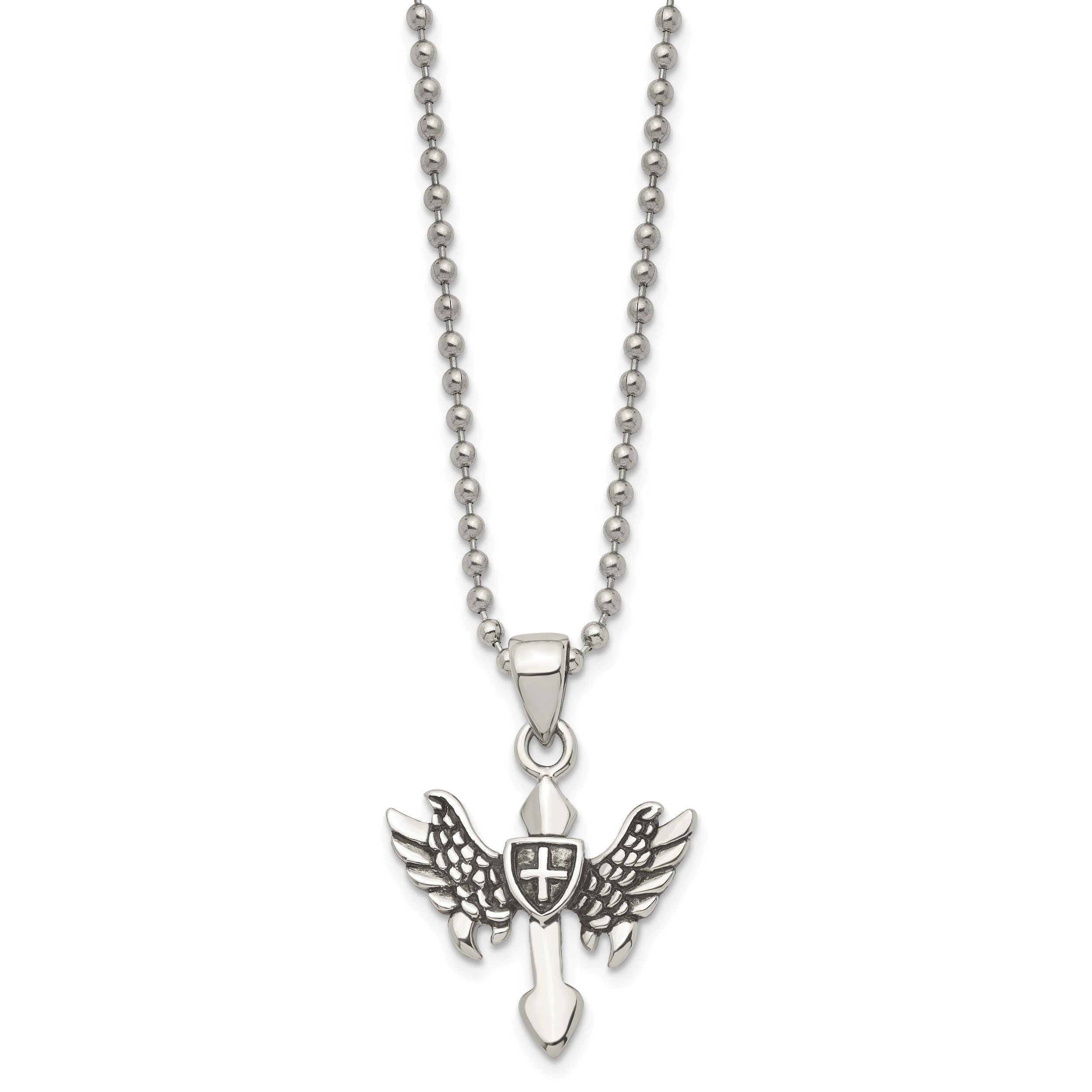 Chisel Stainless Steel Antiqued and Polished Cross with Wings Pendant on a 20 inch Ball Chain Necklace