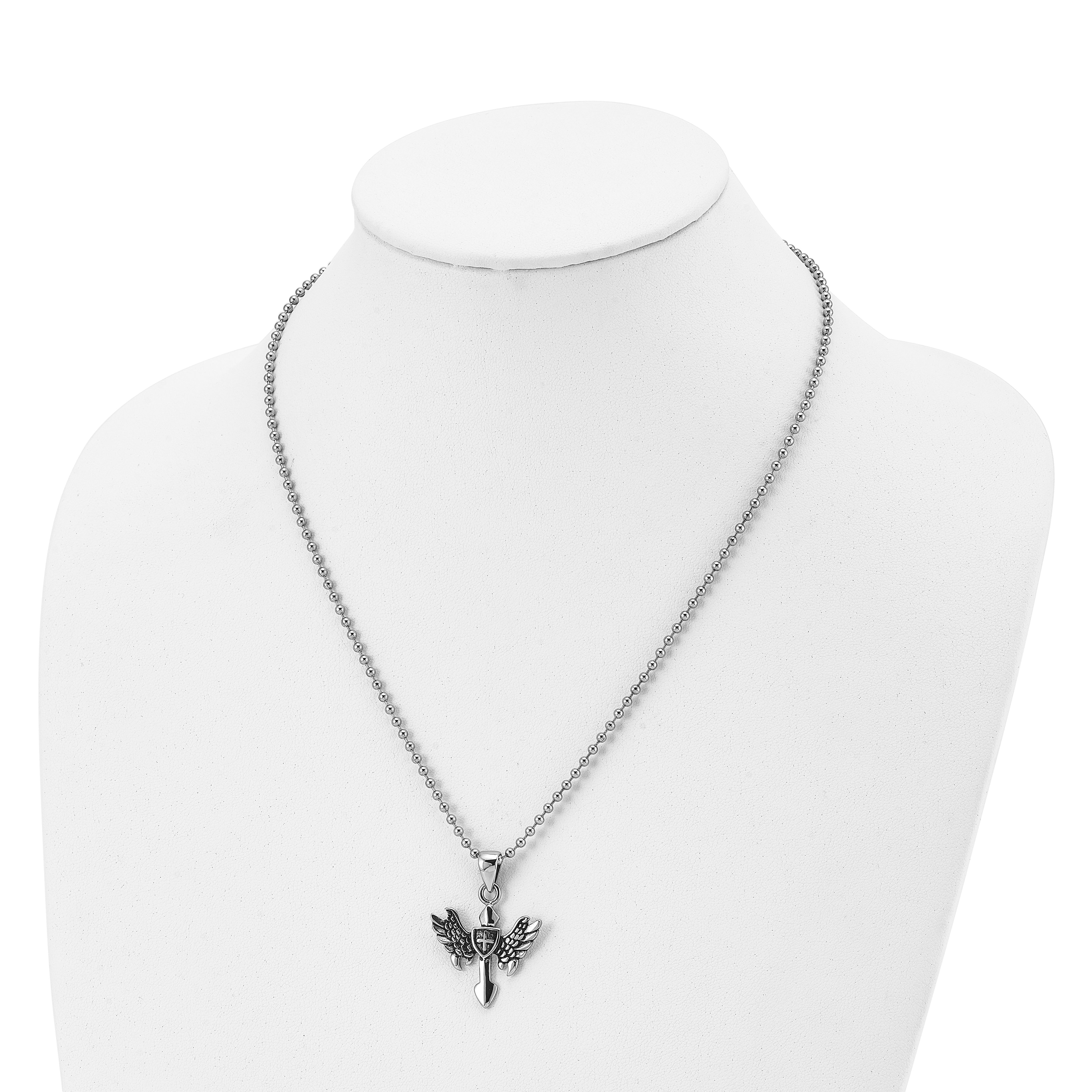 Chisel Stainless Steel Antiqued and Polished Cross with Wings Pendant on a 20 inch Ball Chain Necklace